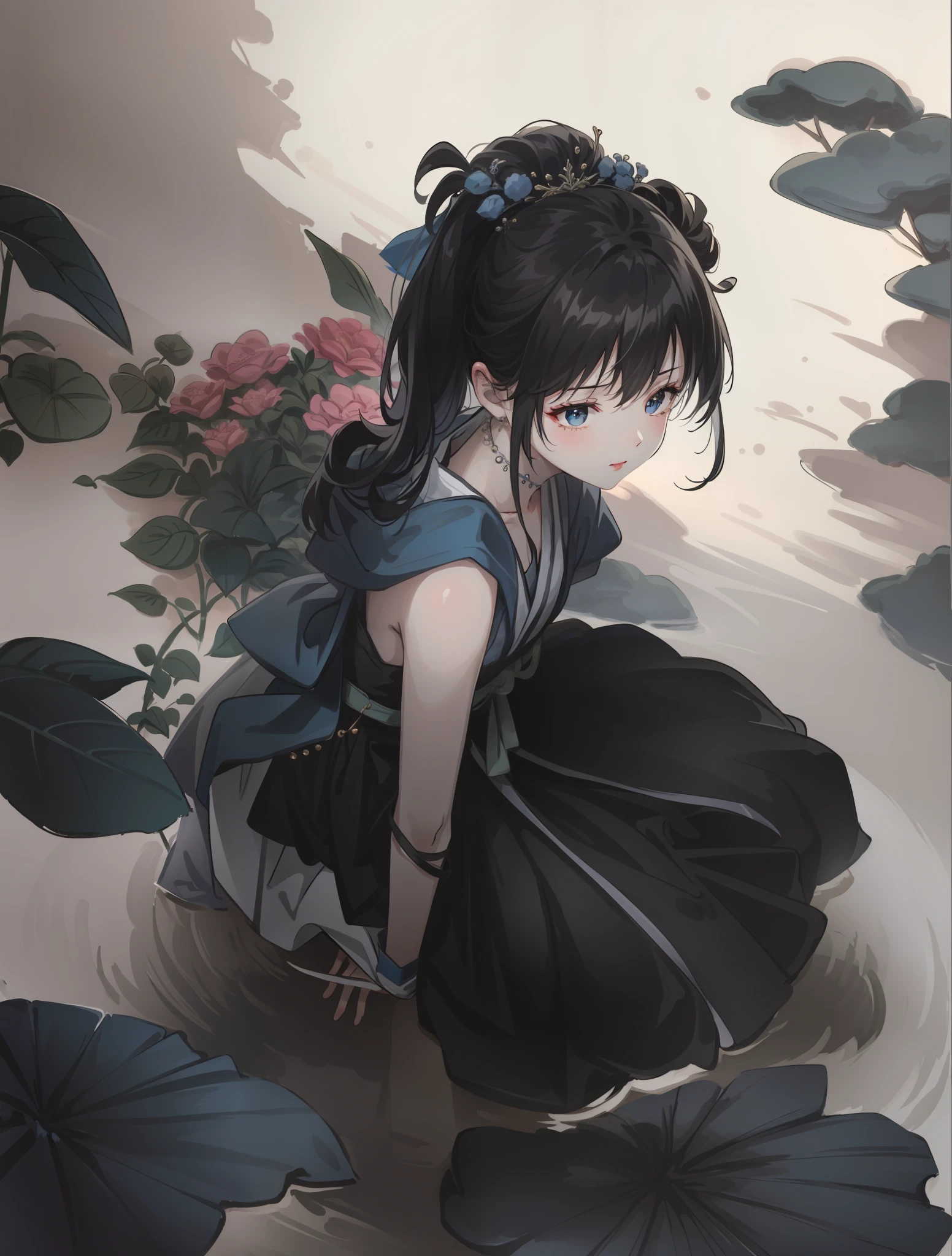 Anime girl in black and white dress kneeling in pool, Guviz-style artwork, Guviz, Palace ， A girl in Hanfu, by Yang J, Guweiz in Pixiv ArtStation, Beautiful anime girl, Guweiz on ArtStation Pixiv, Beautiful anime style, Anime Pictures, Beautiful anime