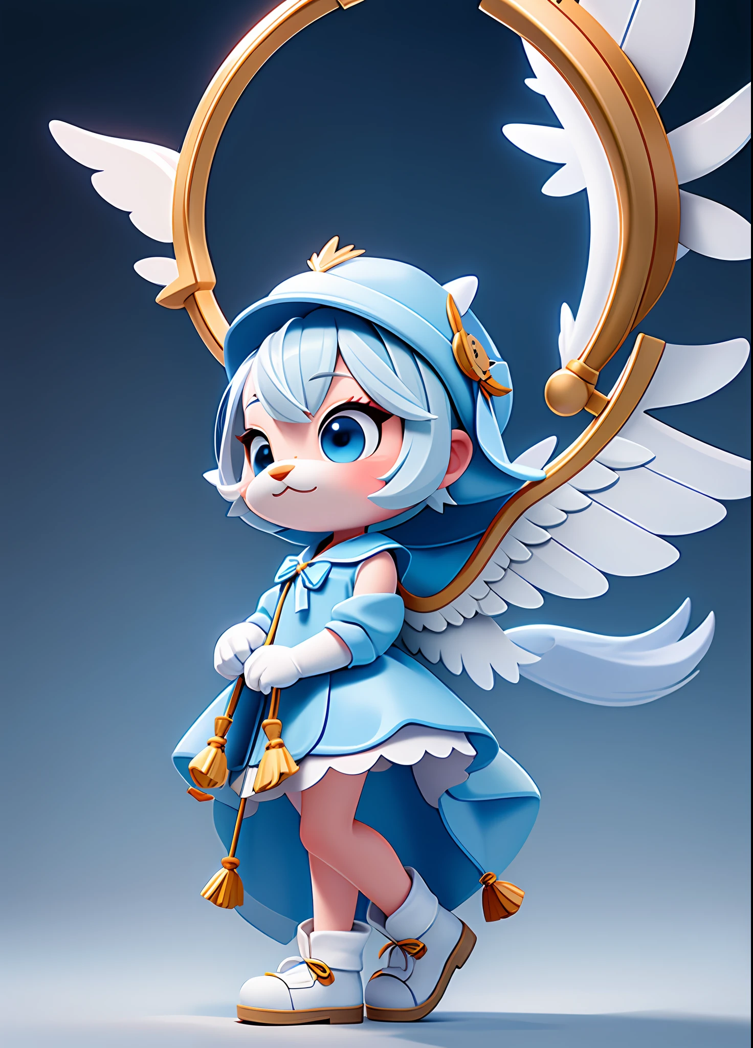 Muskrat, anthropomorphic, kawaii style, blue-grey scales, angel wings, dressed in white and deep blue fantasy dress with tassels, Angel of Sagittarius, Masterpiece, Best Quality