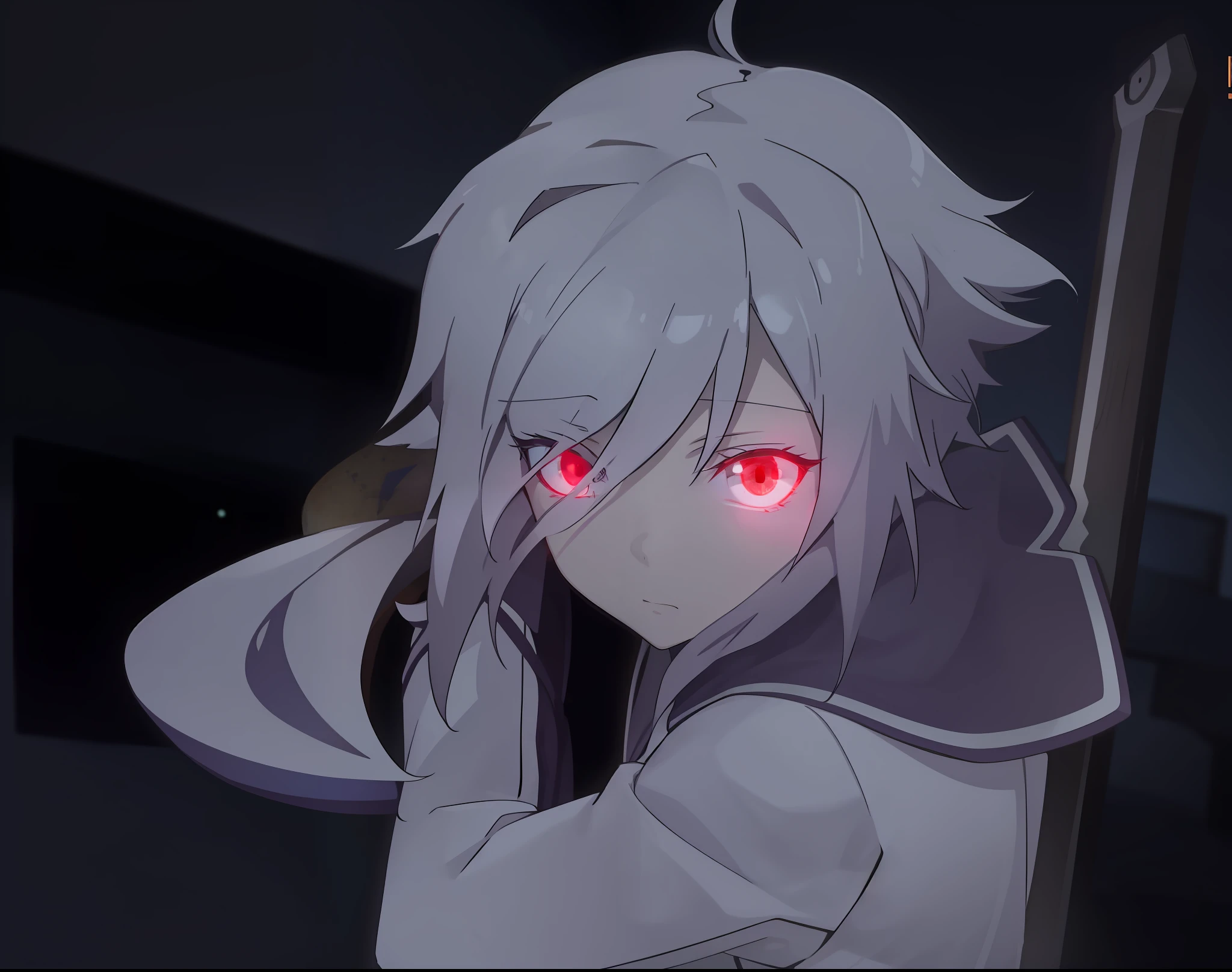 Anime girl red eyes,Dark room,The sword,Itomi Sayaka,Huge glowing sad eyes,Red glowing eyes,still from tv anime,luminous red eyes,animated still,Glowing eyes everywhere,White and purple uniforms