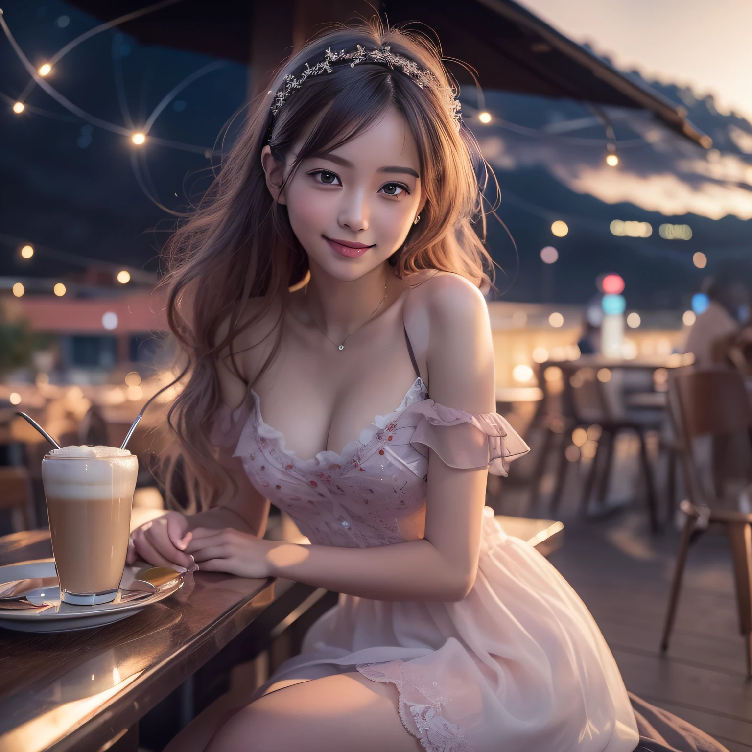 (8k, top quality, masterpiece: 1.2), (realistic, photorealistic: 1.37), super detailed, girl single, cute, solo, midnight, beautiful detailed sky, detailed café, sitting, date, (blush), (smile: 1.15), small breasts (mouth closed), beautiful fine eyes, floating hair NovaFrogStyle, back open dress