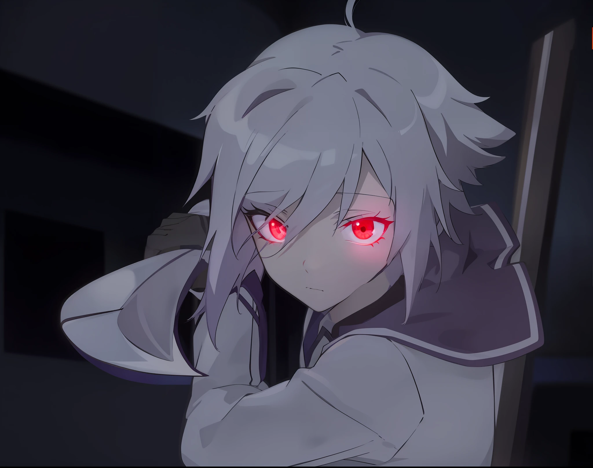 Anime girl red eyes，Dark room，The sword，Itomi Sayaka，Huge glowing sad eyes，Red glowing eyes，still from tv anime，luminous red eyes，animated still，Glowing eyes everywhere，White and purple uniforms