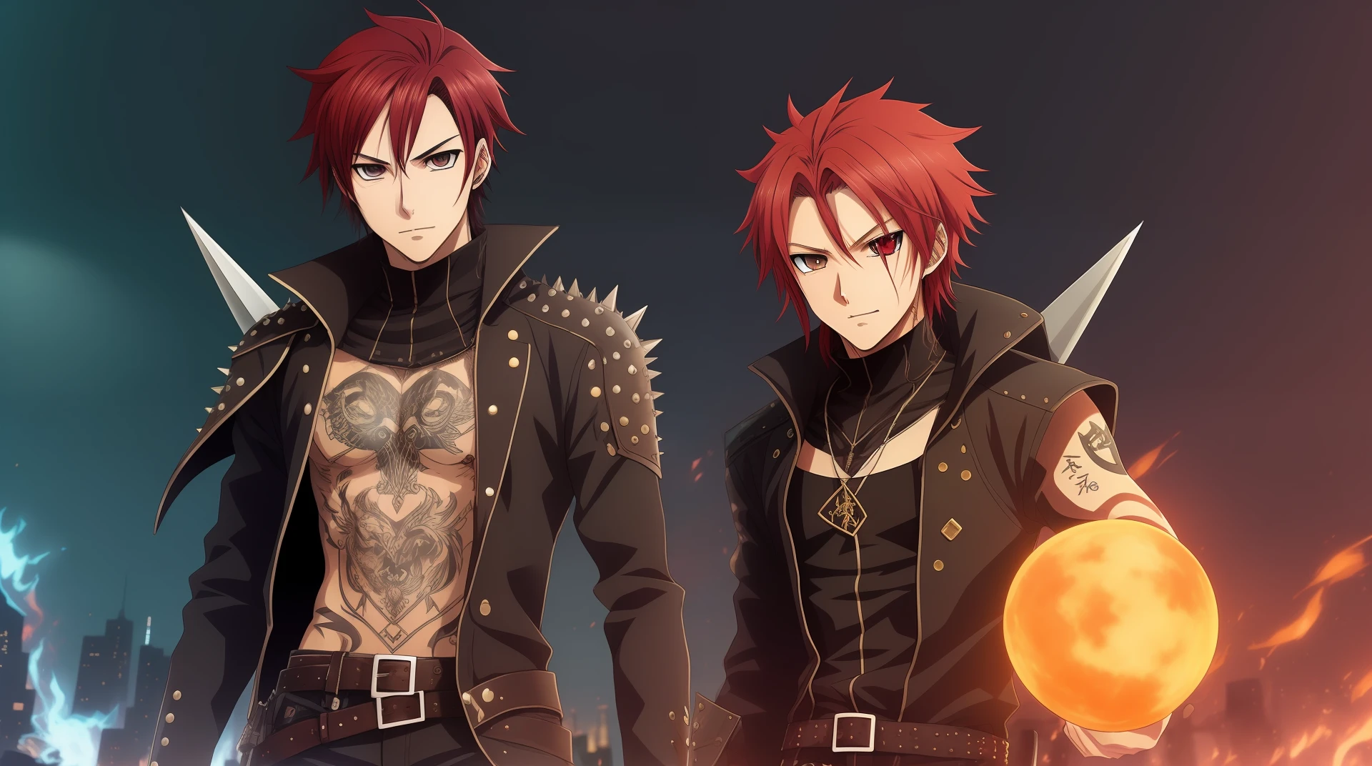 Anime man, thief, red_hair, goatee, spikey_hair, brown_leather, dark_fantasy, tattoos, kubo_tite