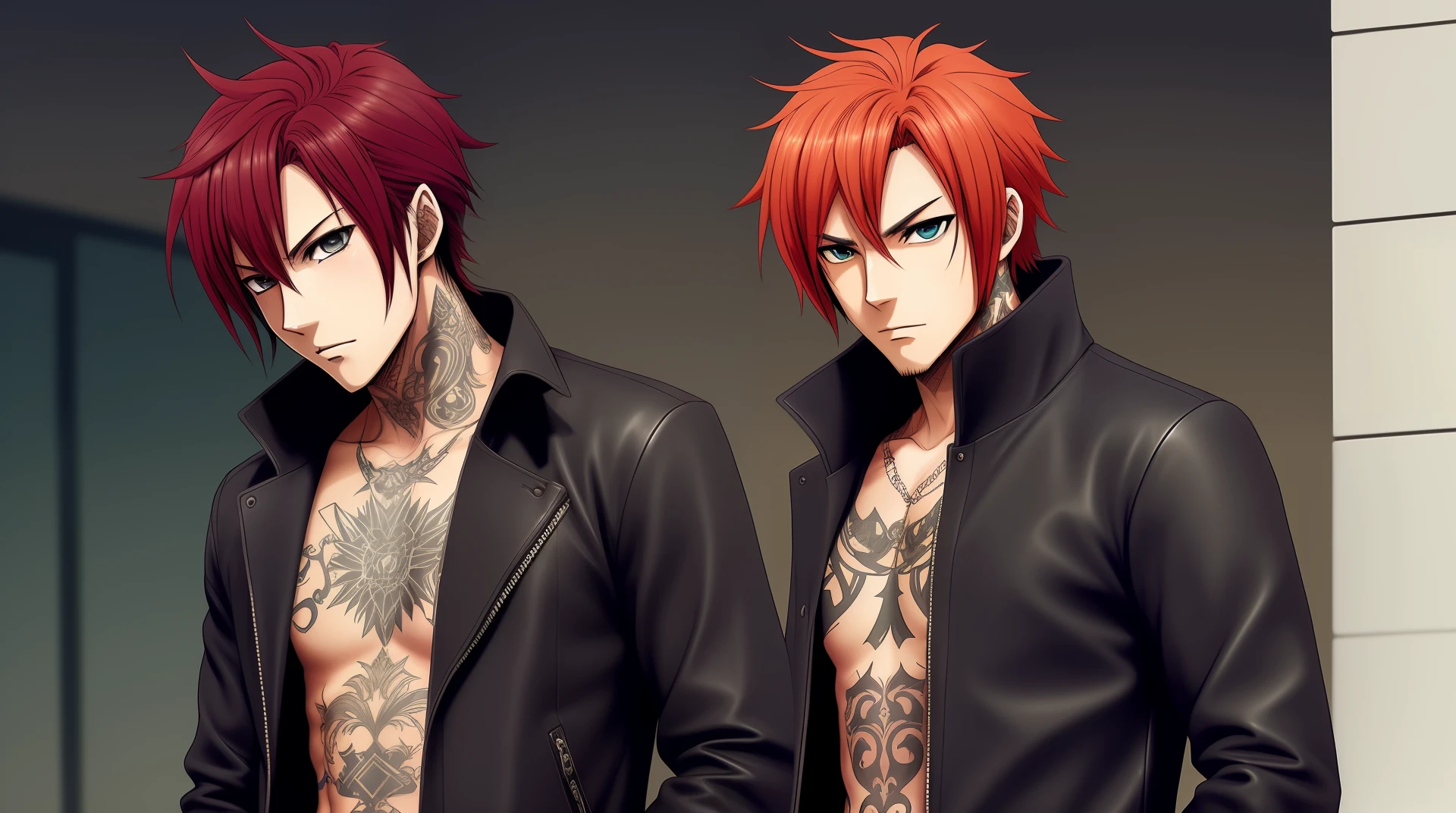 Anime man, thief, red_hair, goatee, spikey_hair, brown_leather, dark_fantasy, tattoos, kubo_tite