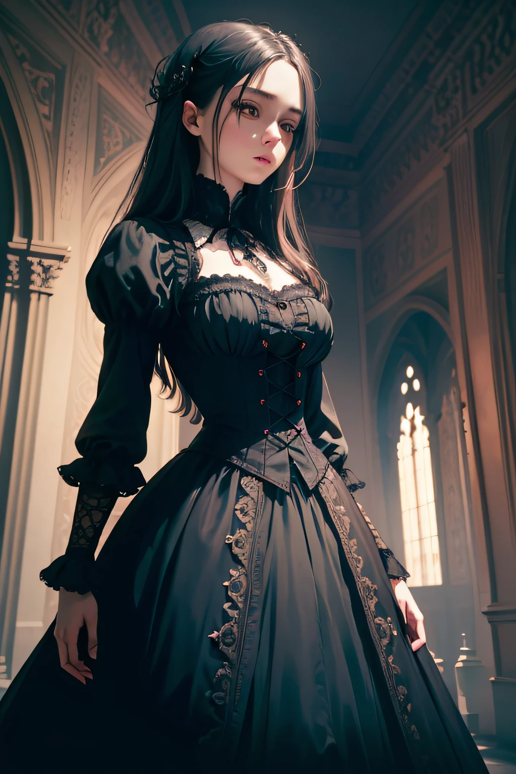 Official Art, Unity 8k wallpaper, super detailed, beautiful, beautiful, masterpiece, best quality, darkness, atmosphere, mystery, romanticism, creepy, literature, art, fashion, victorian, decoration, intricacies, ironwork, lace, contemplation, emotional depth, supernatural, full body, 1 girl, solo, neck, bust composition