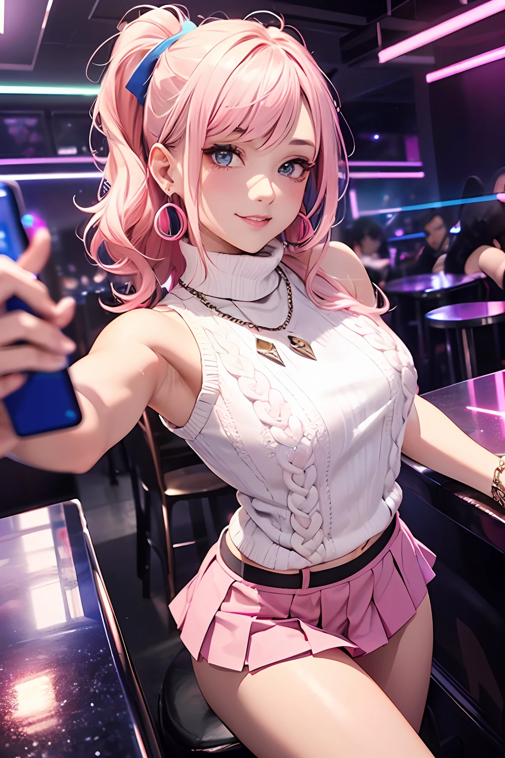 (masterpiece: 1.3), (max resolution: 1.2), (Ultra HDTV: 1.2), cinema lite, Ultra HDTV, (Detailed eyes and skin), (detailed facial features), 8K resolution, Sharp Focus: 1.2, Perfect Style, Beautiful Face, accurate, Anatomically correct, Highly detailed face and skin texture, Detailed eyes, Dark-blue eyes, Double eyelids, Thin eyebrows, (dropped eyes:0.65), (Glitter Eyeliner:1.2), Natural cheeks, Glossy skin, (Fair skin:1.2), shiny necklace and earrings, (Glossy lips: 1.4), BREAK, absurderes, One-person viewpoint, (She is Very Cute nightclub staff), (Wearing a white sleeveless turtleneck knit sweater:1.3), ((braless:1.4)), BREAK, (pleated mini skirt of Light pink:1.3), ((showing a little string panties:1.2)), (high heels), BREAK, (shy smile:1.2), ((18 years old, Very Cute and neat girl:1.3)), (high-ponytail hairstyle, Wavy Hair), ((Light pink hair:1.4)), Medium Long Hair, (Cowboy shot: 1.2), Focus on Face, ((Seduction pose and Selfie pose on Instagram:1.2)), ((inside the bar counter:1.2)), (looking at viewer), (medium large breasts:1.2), ((In the super erotic nightclub:1.4)), BREAK, ((Pink neon lights:1.2)), (((dim lighting:1.3))),