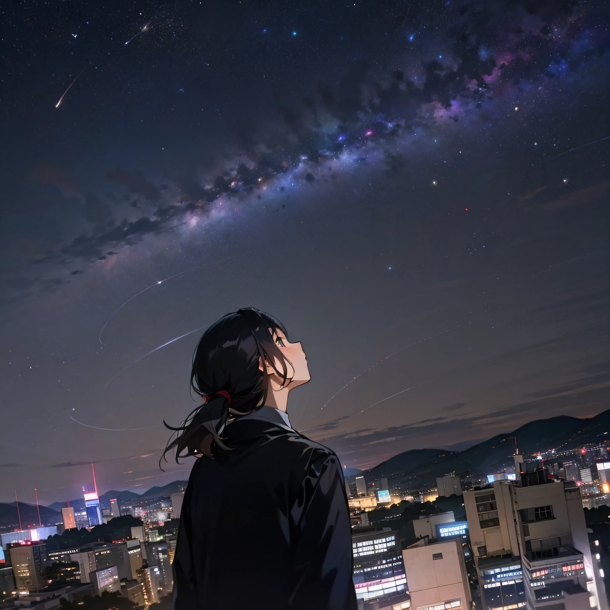 Woman looking up at the Milky Way in the cloudless Akane sky from downtown Showa