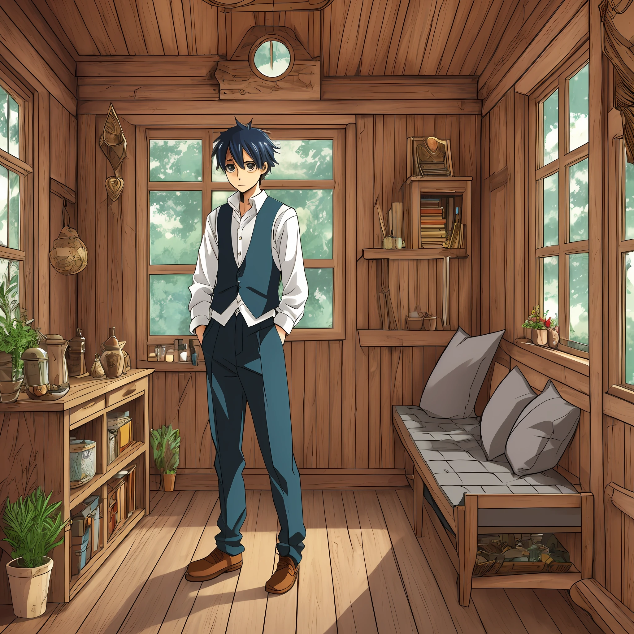 anime boy standing, fantasy, Clip Studio Paint EX, charlie bowater, rustic outfit, biophilic interior design, le corbusier, bungalow --auto --s2