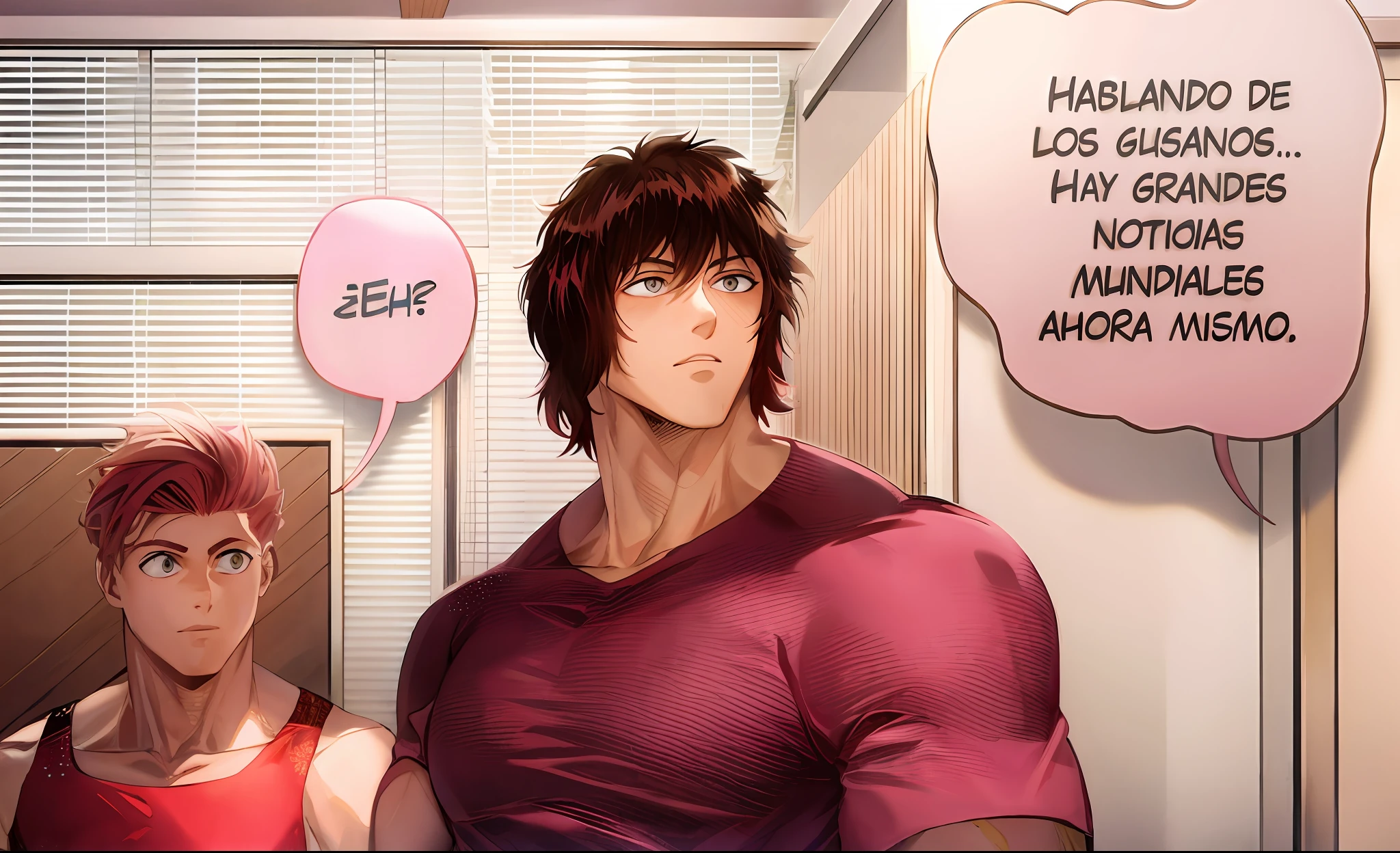 Hombre musculoso, brown hair, Red shirt accompanied by a young man wearing a tank top and pink hair, room, Artistic style, Manga, a todo color, obra maestra, Detalles intrincados. ojos muy detallados, [goteo: 0,5], tendencia en ArtStation, por Rachel Walker