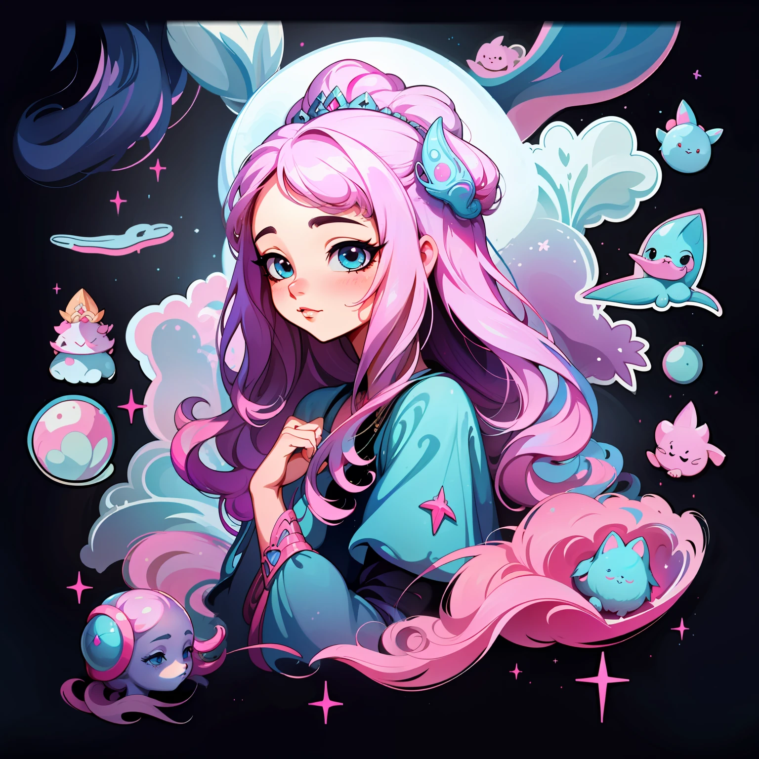 adesivo,1girl, fundo simples, retrato, girl with long hair, beautiful princess, princess aesthetic, beautiful princess, very beautiful fantasy art, beautiful and elegant female princess, beautiful detailed fantasy, blue and pink color palate, pink color-theme