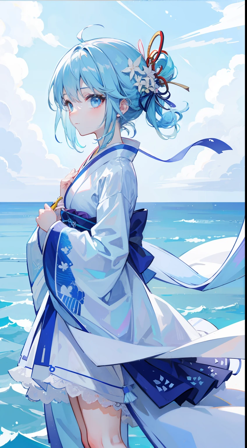 One girl、lightblue hair、light blue  eyes、​masterpiece、top-quality、Top image quality、cute little、profile、Kimono Dresses、high-level image quality、sea side、beautiful ocean、Transparency、smil、Fluttering hair