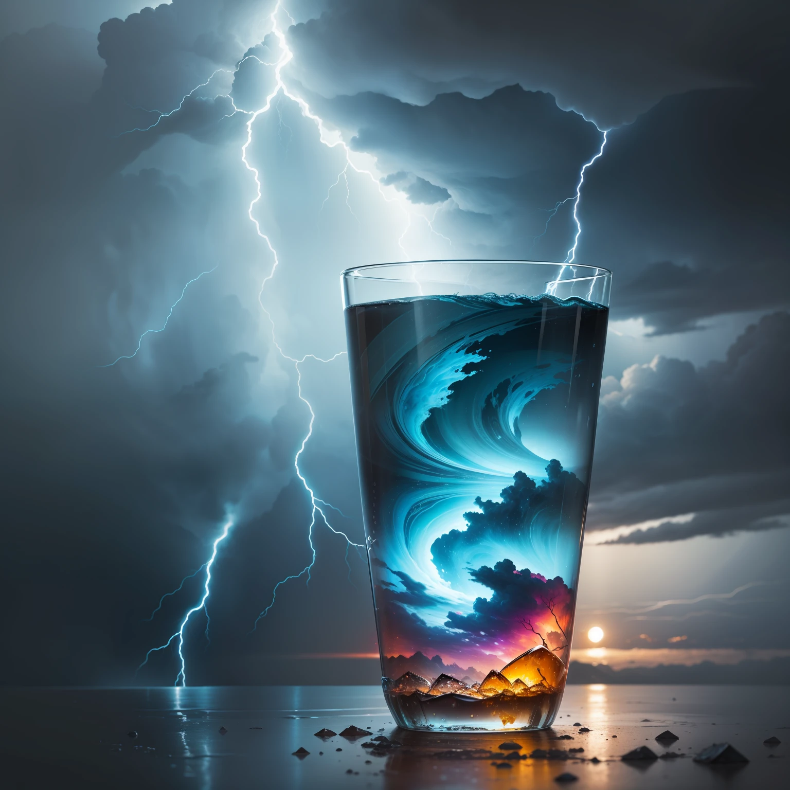 a storm in a glass of water. Ceu nublado, chuva forte, lightnings,