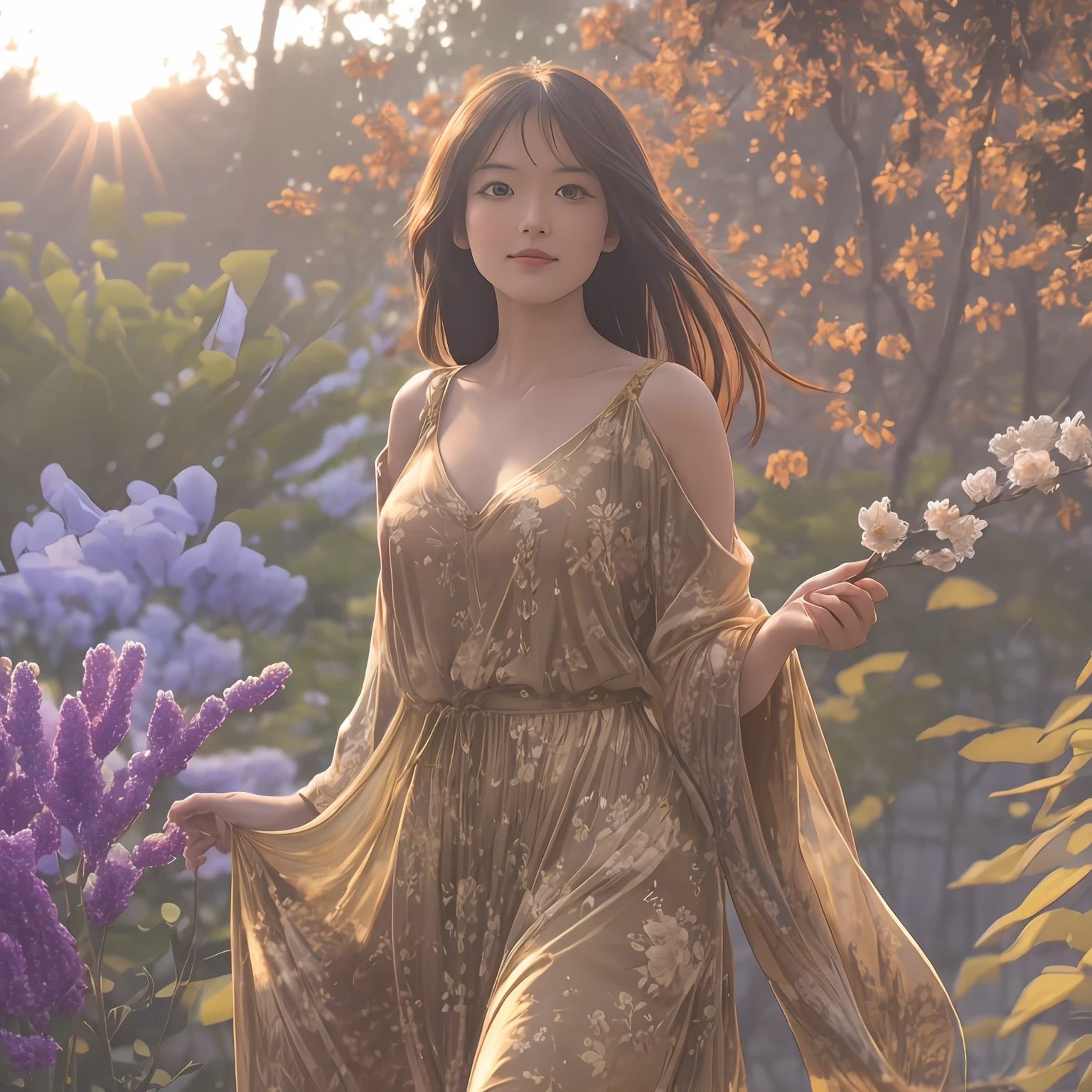 A capt subtitle captures the essence of this enchanting, magical image: a beautiful, enchanting woman with a captivating, glowing face and a flawless, perfectly-shaped body. She stands gracefully on a rooftop, surrounded by a sea of otherworldly flowers, and the sun casts warm, golden light on the scene. In the background, a mesmerizing forest unfolds, bathed in the warm, golden light of a magical tree branch. telephoto lens, golden hour lighting, low aperture
