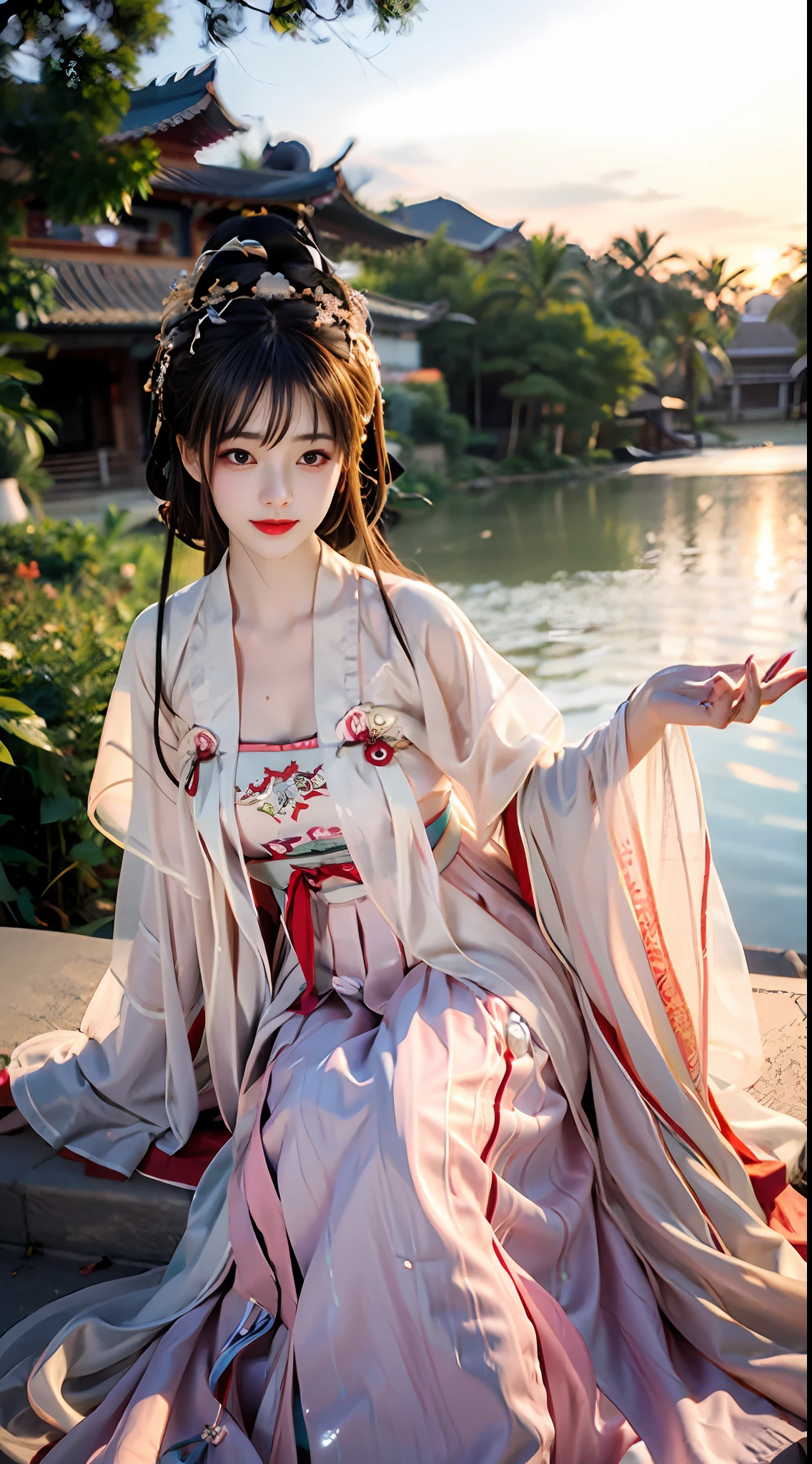 (8K,best qualtiy,tmasterpiece:1.2),(realisticlying,photo-realistic:1.2),(background ocean:1.2),Look sideways at the audience,1girll,s the perfect face,perfect eyes,big cleavage breasts,Perfect skin,make happy expressions,opulent,aethereal,Pure,light make-up,Jade ornaments,hair adornments,shairband,looking at viewert,Colorful,(Hanfu,song style outfits,1girll,Short pink mountain,White pleated skirt,Red pine hairs),