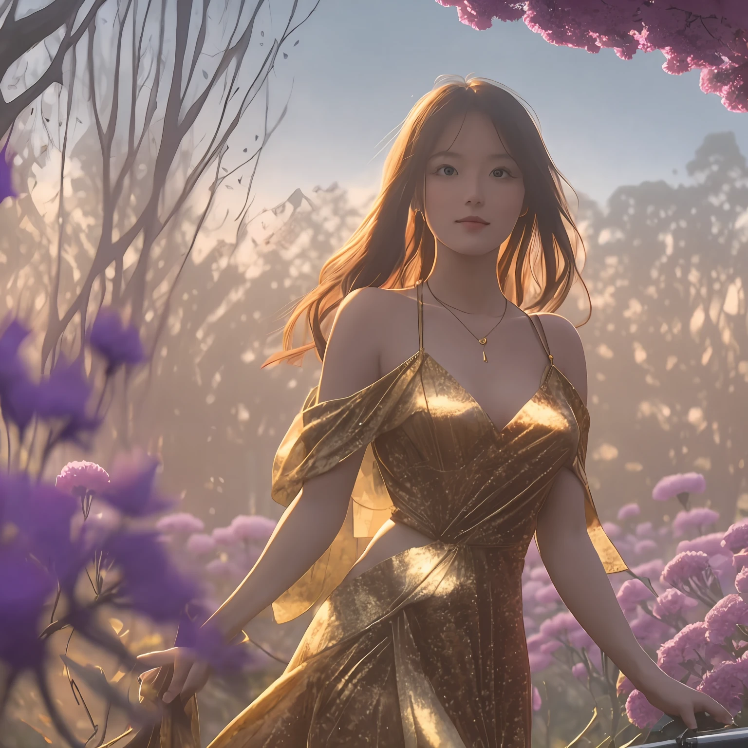 A capt subtitle captures the essence of this enchanting, magical image: a beautiful, enchanting woman with a captivating, glowing face and a flawless, perfectly-shaped body. She stands gracefully on a rooftop, surrounded by a sea of otherworldly flowers, and the sun casts warm, golden light on the scene. In the background, a mesmerizing forest unfolds, bathed in the warm, golden light of a magical tree branch. telephoto lens, golden hour lighting, low aperture
