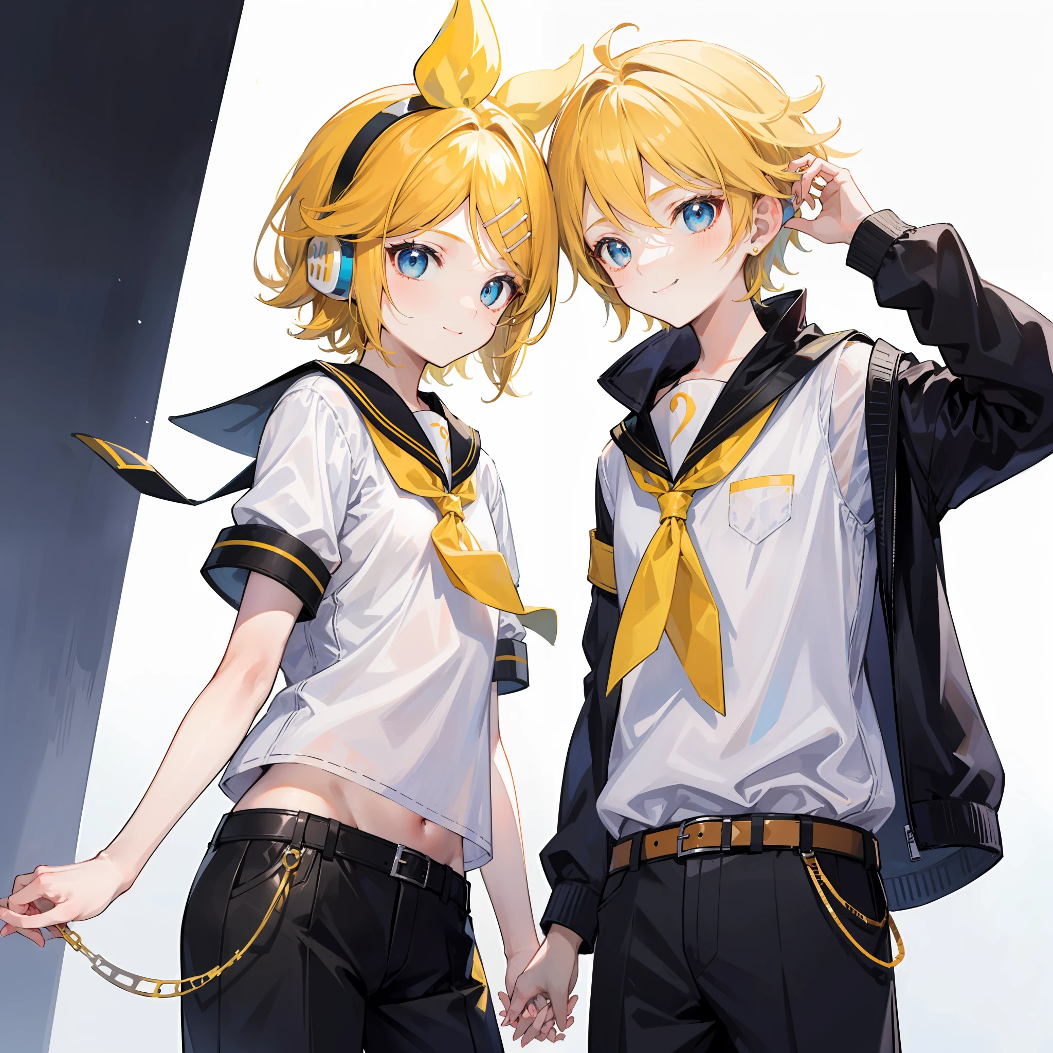 best quality, ultra precision, only two person, one boy and one girl, (a boy is Kagamine_Len), (a girl is Kagamine_Rin), blue eyes, cute, short hair, head phone, blond hair, sailor uniform, black short pants, belt, yellow necktie, smile, elementary school student, twins, love each other, siblings, children, (boy is as tall as girl), kids, characters focus, couple, love each other, white background, look at each other, platonic love, cool boy, cute girl, hold hands, cowboy shot,