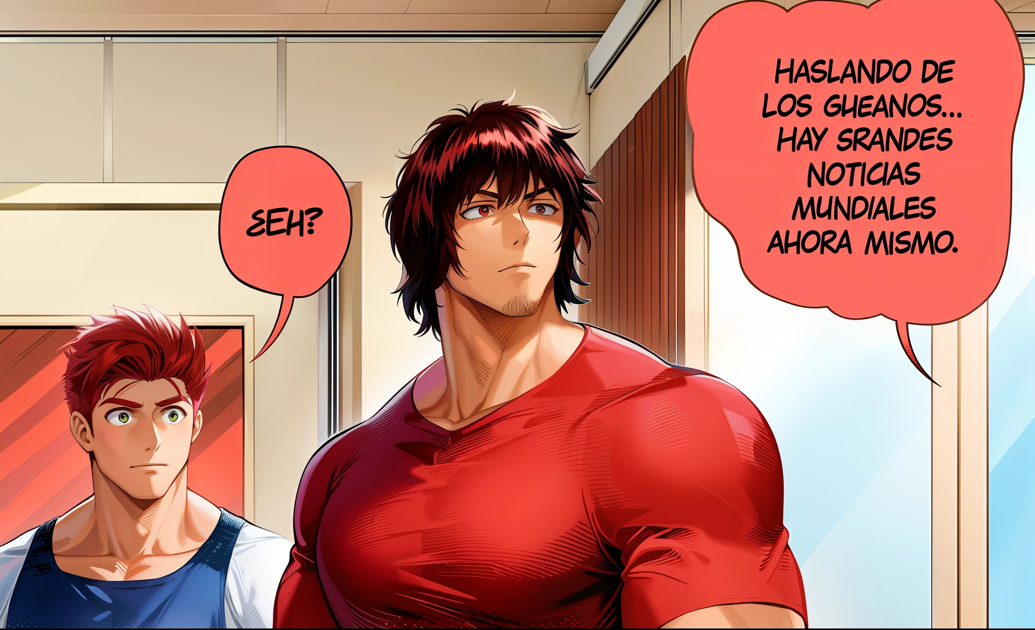 Hombre musculoso, brown hair, Red shirt accompanied by a young man wearing a tank top and pink hair, room, Artistic style, Manga, a todo color, obra maestra, Detalles intrincados. ojos muy detallados, [goteo: 0,5], tendencia en ArtStation, por Rachel Walker