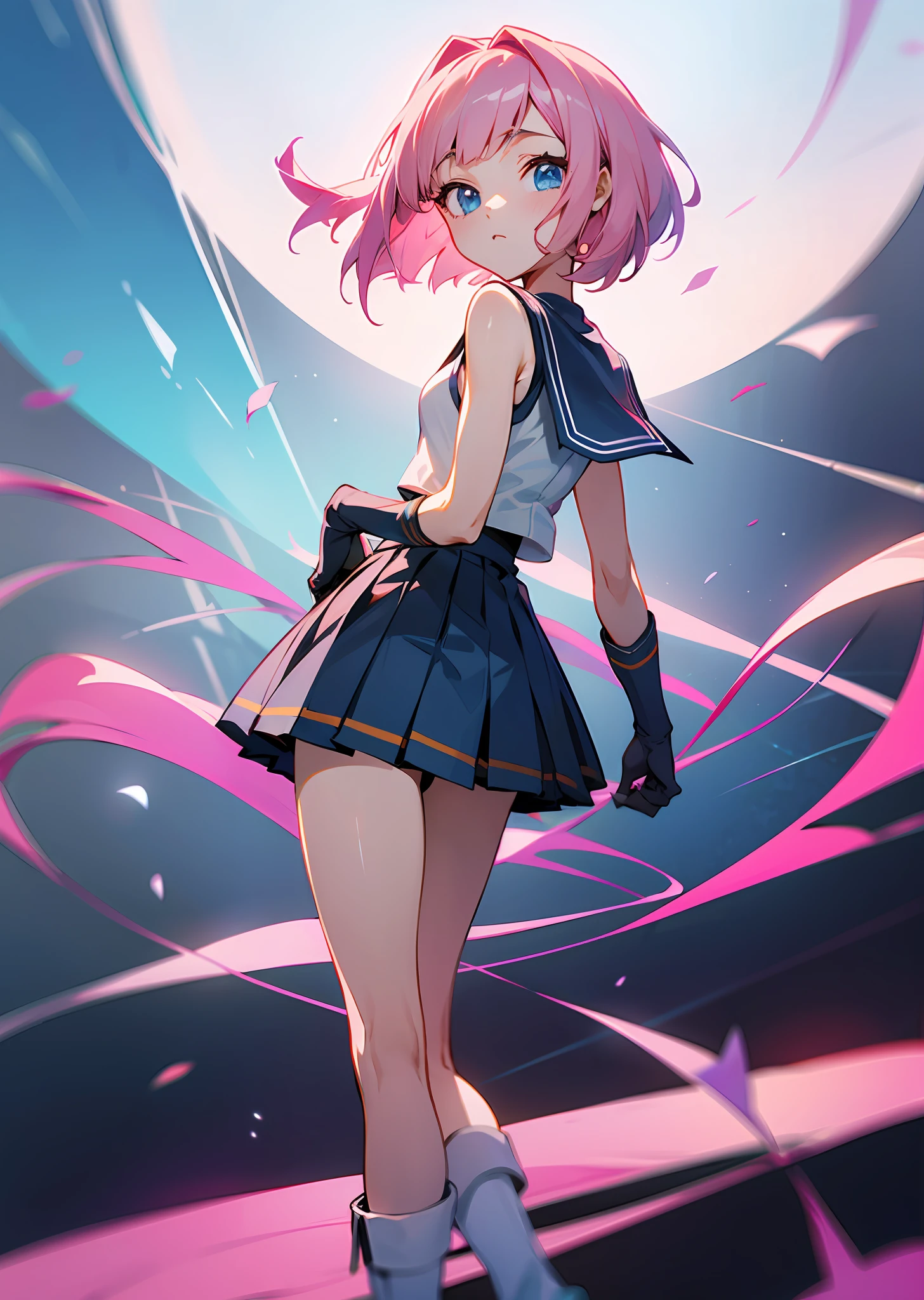 Pink hair、Anime characters、a short bob、Sleeveless sailor suit、elbow length gloves、Thigh-length boots、Thin heels、Blue eyes、Very short pleated skirt --auto