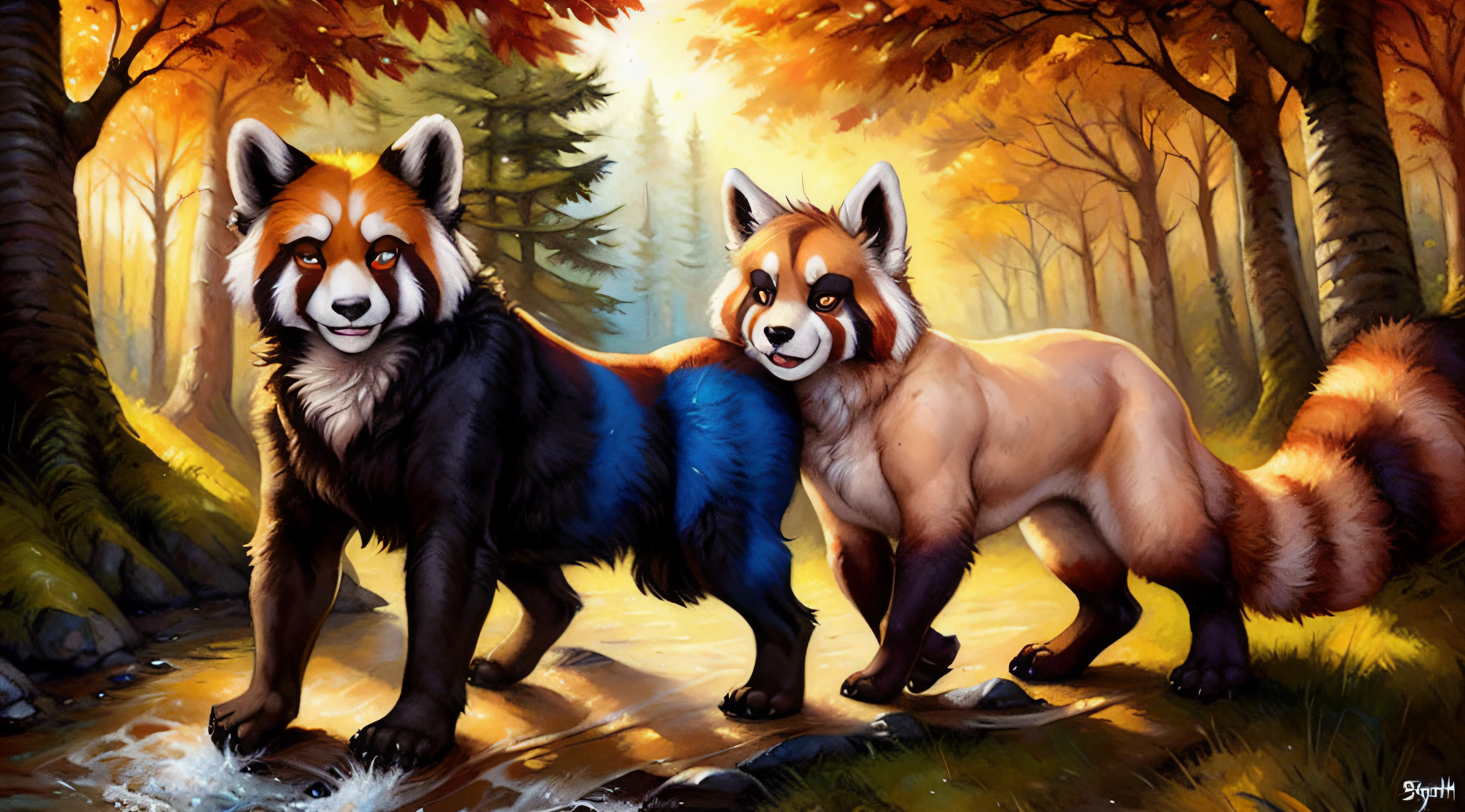 subido a e621, (por AnChee, por kenket, por yaroul, por Foxovh, por Dizzyknight, por cumbread, por sligarthtiger), ((panda rojo de ojos azules claros, detallado)), (((taur))), salvaje, ((red panda taur de frente sentado con patas abiertas)), (In the middle of a forest at noon with a river in the background), (detailed lighting), (cinematography lighting), [luz ambiental detallada], [cara y ojos detallados], [pose seductora], peludo, peludo fandom, Fursona, ((sombra de medio cuerpo)), [luz ambiental en el vientre], [proporciones realistas], [explicit content], [foco nítido], (contenido cuestionable), (sombreado), ((obra maestra)), pene