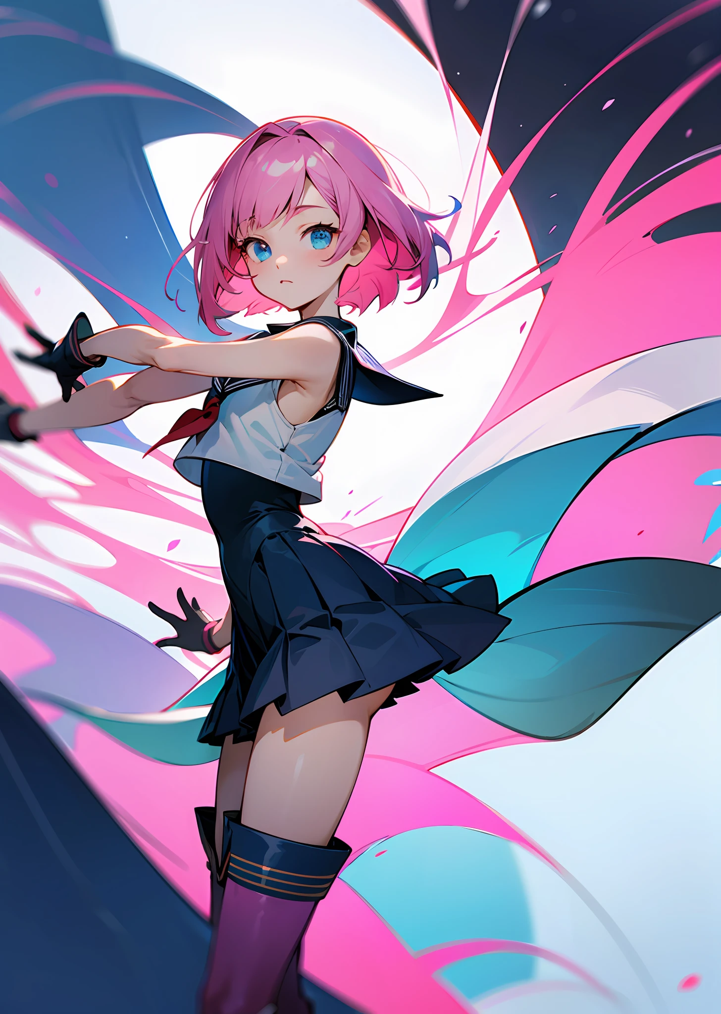 Pink hair、Anime characters、a short bob、Sleeveless sailor suit、elbow length gloves、Thigh-length boots、Thin heels、Blue eyes、Very short pleated skirt --auto