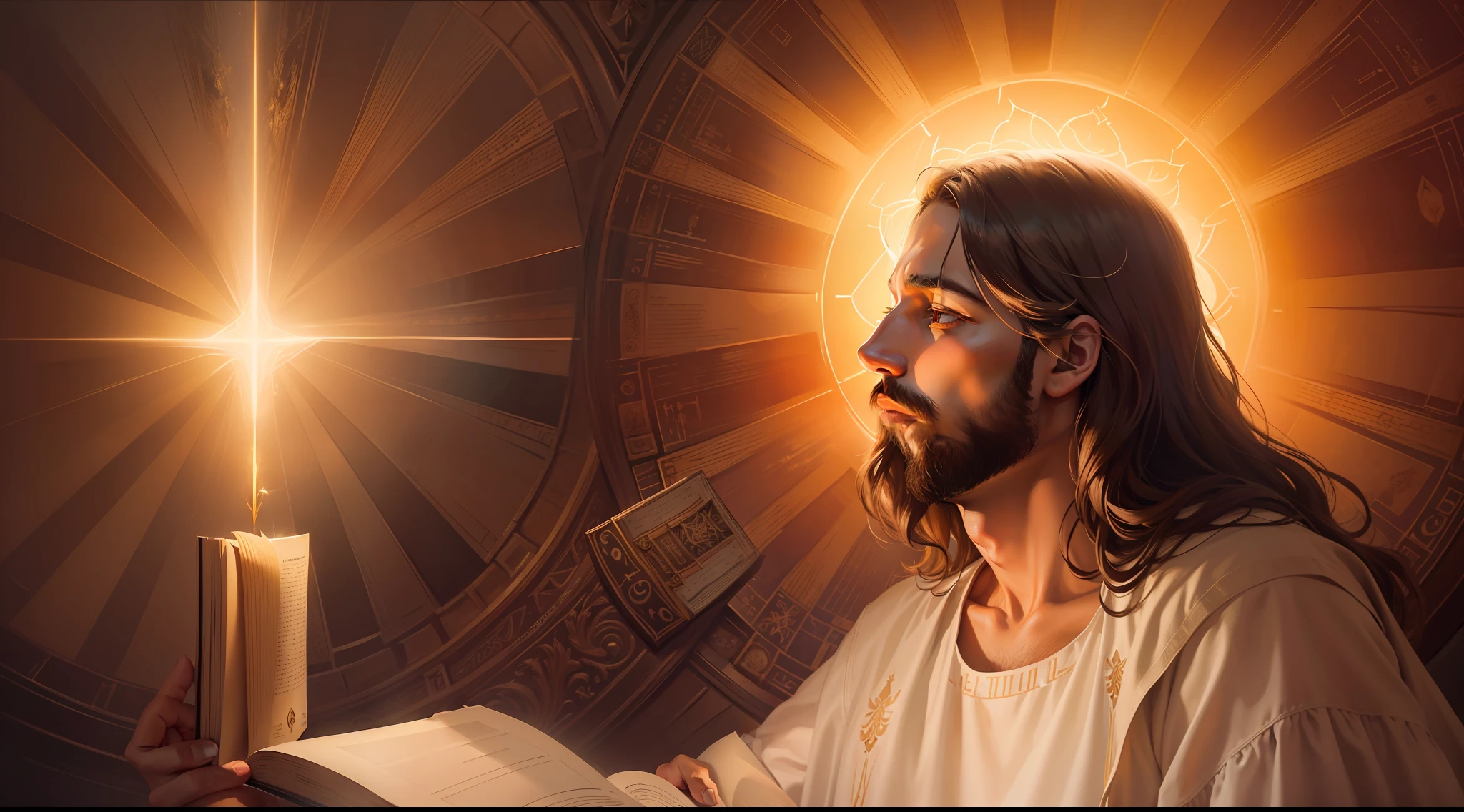 A painting of Jesus reading a book with a shining halo, bible illustration, holy fire spell art, O Senhor e Salvador, Jesus Cristo, imagens religiosas, sua mente contemplando a eternidade, holy flame spell, glowing halo above his head, beautiful depiction, imagens sagradas, arte conceitual de deus, Directed by: Aleksander Gierymski, artistic depiction, Raios de Luz Sagrada Sagrada