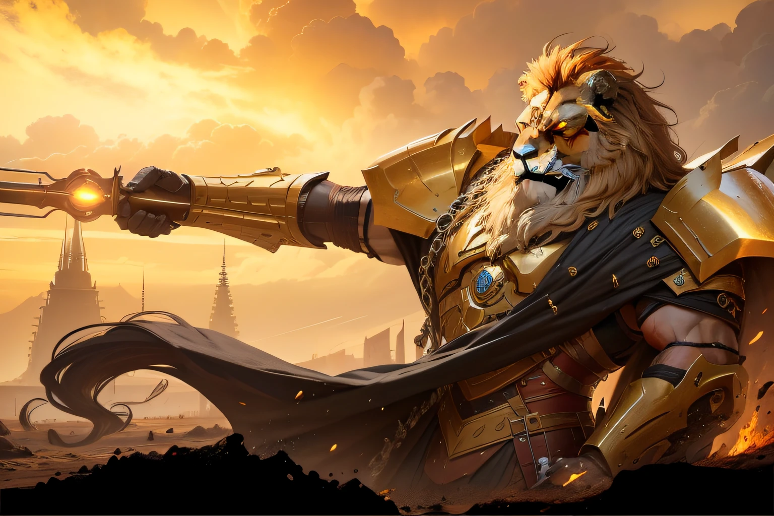 Imposing lion, com uma pelagem dourada brilhante e mechas mais escuras ao redor das extremidades. His amber eyes convey a mixture of determination and cunning. Sua pelagem, though a little worn out due to the battles he fought, still displays a majestic and proud appearance. --auto
