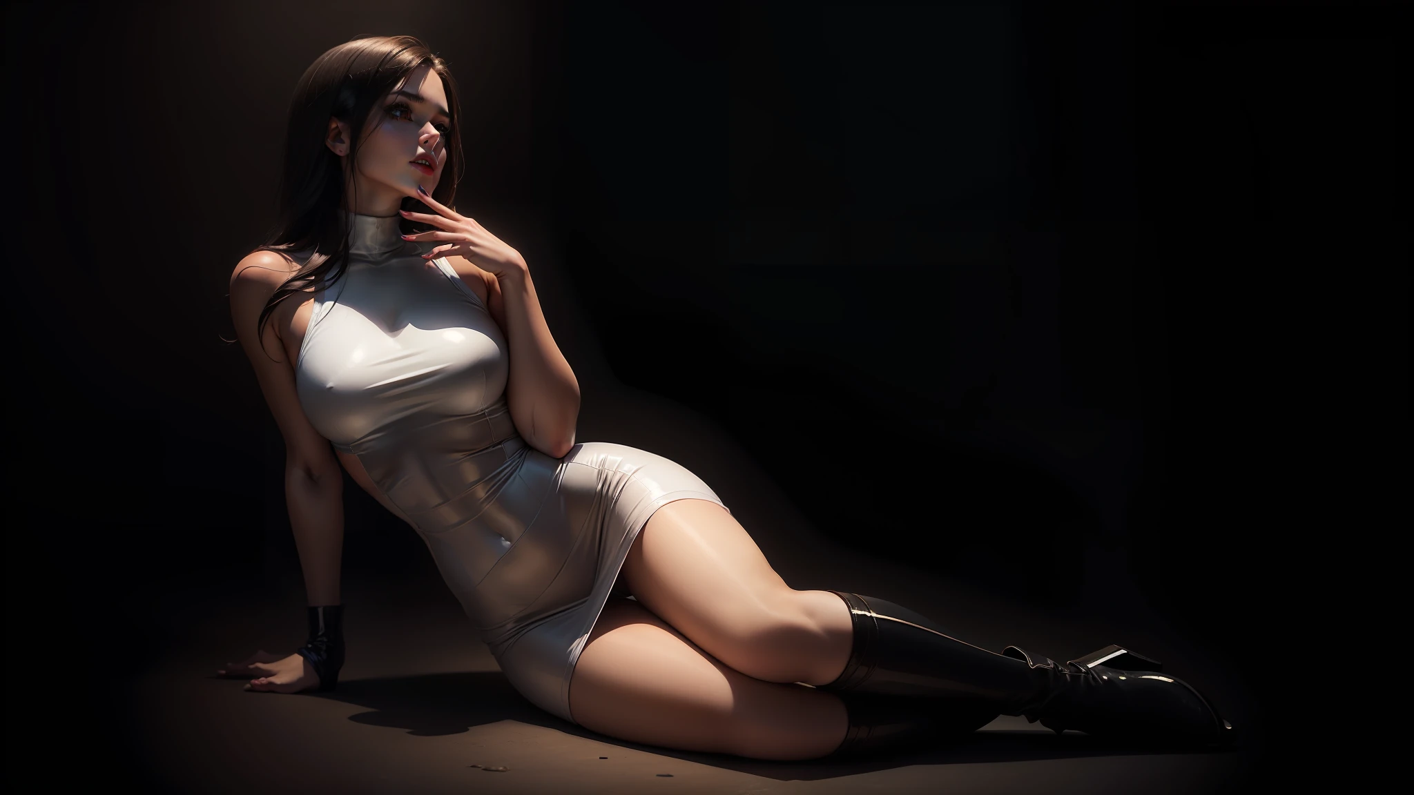 mulher jovem, bonita, magra, cabelos loiros, franja, red-lips, middlebreasts, coxas finas, pernas longas, cintura fina, atletic, vestido curto de latex preto, roupa curta, Black boots with high heels up to above the knees, Dark background with indirect lighting, environment with industrial decoration