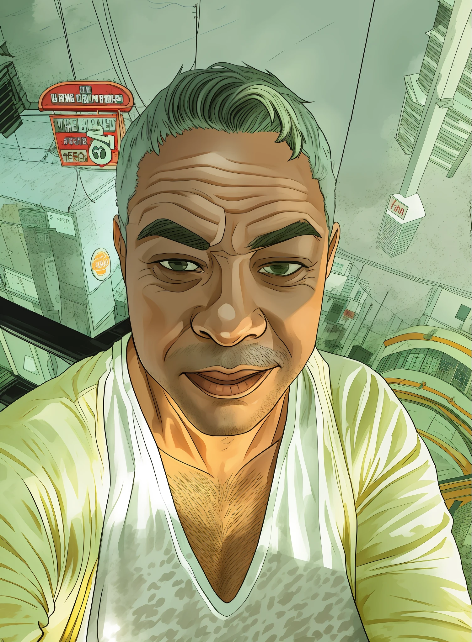 there is a man that is taking a selfie in the street, hair with rooted braids , oculos escuros preto.Foto selfie 64k, em um elevador, cerca de 35 anos, GTA San Andreas estilo
