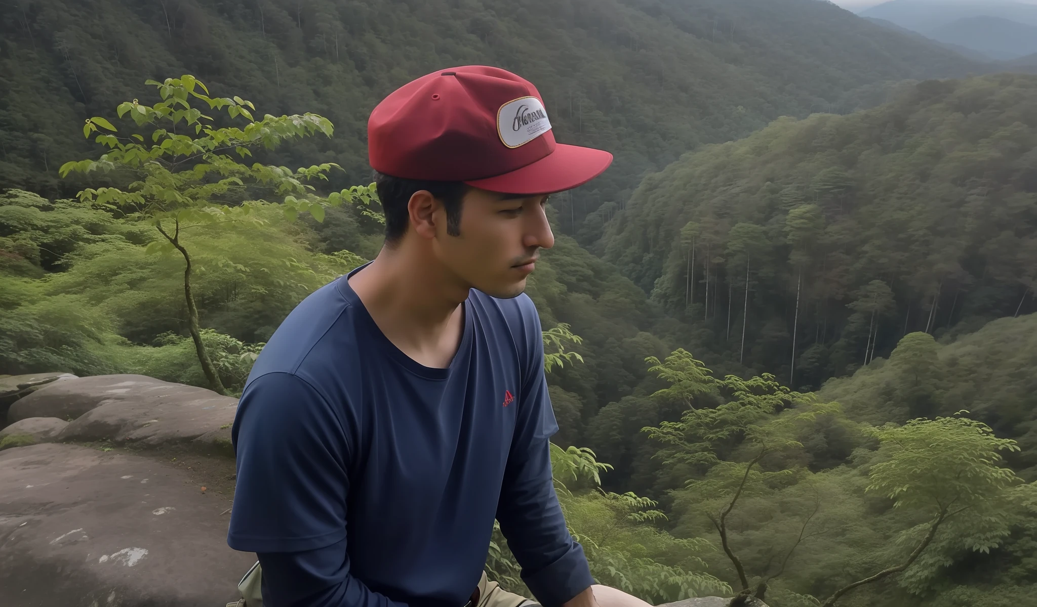 arafed man in a red hat sitting on a rock with a view of a forest, coban, in front of a forest background, in jungle forest peak, in mountains, facebook post, scenary, moutain in background, with mountains in the background, ismail, in jungle, forrest in background, amidst nature, on a mountain, low quality footage