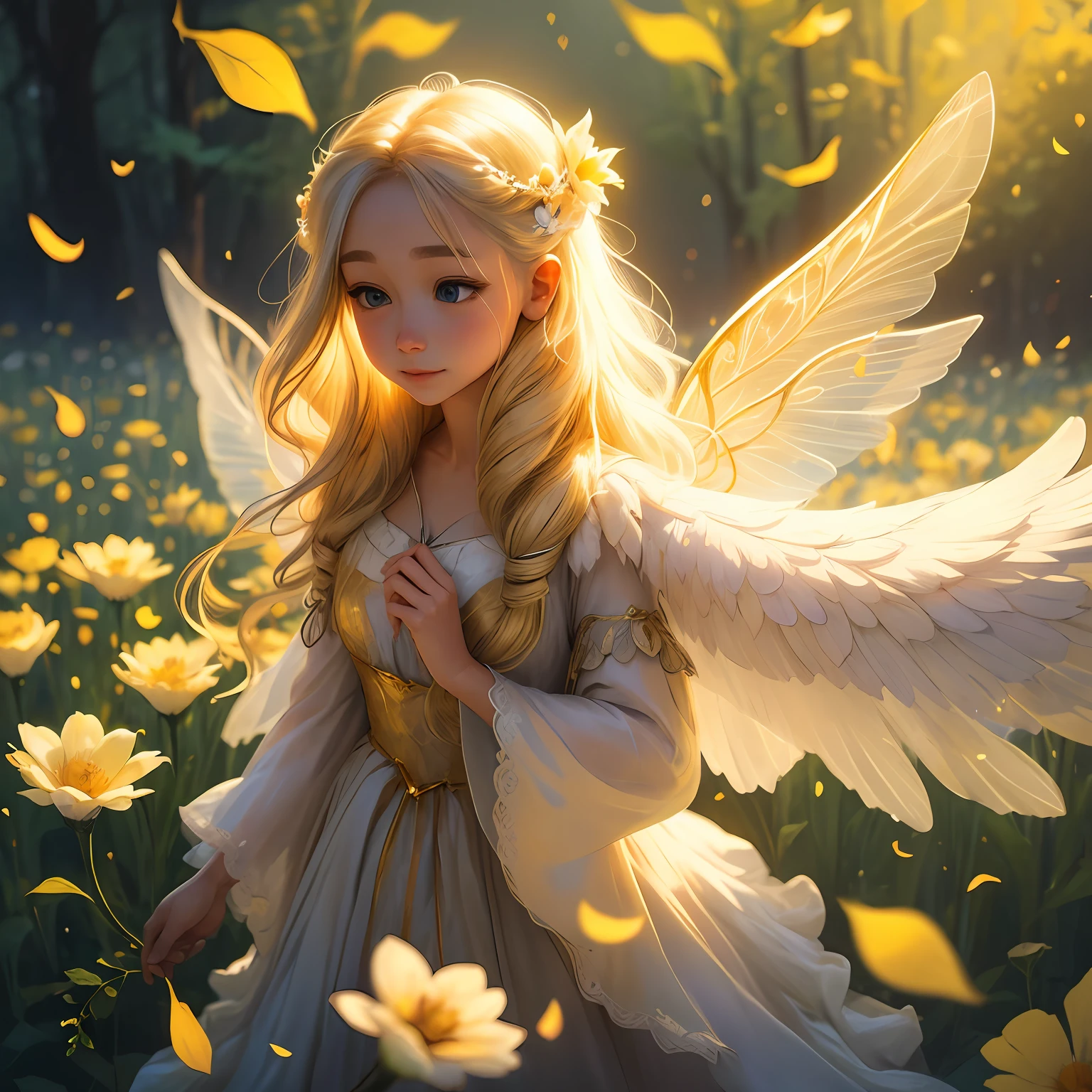 Prominently featured in the center of the image is an adorable fairy with shimmering wings, named Lumi. Her golden hair glimmers softly in the sunlight, and she floats gracefully, dressed in a gown made of flower petals. Her eyes shine with curiosity and kindness as she extends her hand towards the boy, inviting him into her magical world. --auto
