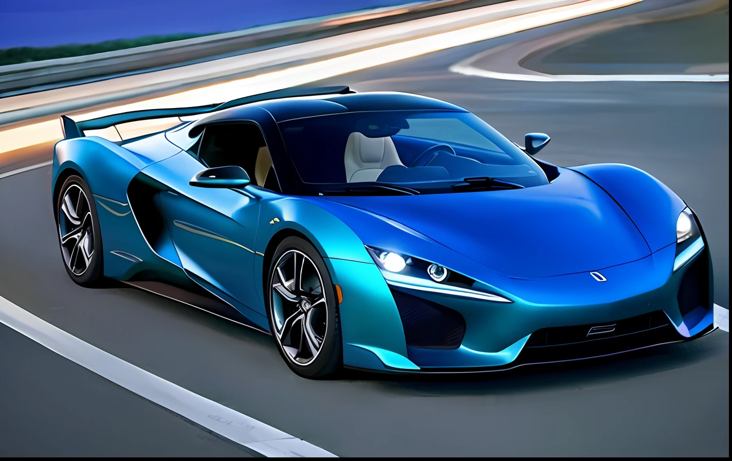 Carro esportista futurista, azul com detalhes dourados, rodas esportivas, cidade, noite, luar, superdetalhado, 8k