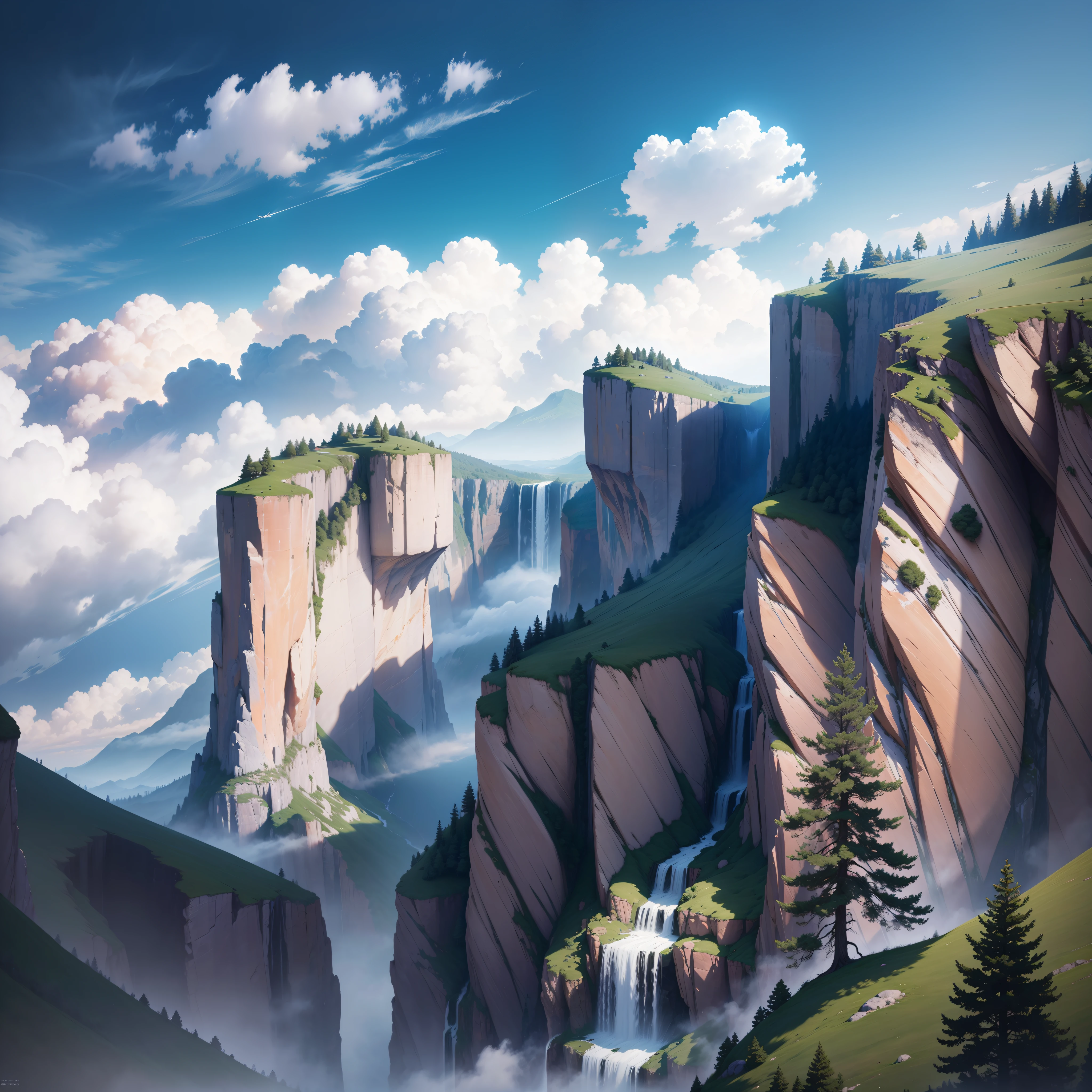 Masterpiece, ultimate quality, Cg unity 8k wallpaper, super delicate, beautiful sky and clouds, rich natural scenery, cliffs, lakes and rivers, waterfalls and flying water, beautiful green mountains, no trace of people, excellent scenery, has already won a photo contest, background Blurring, full depth of field, HDR high dynamics, true restoration, intricate, extreme details, dramatic presentation, perfectly presenting the style of midjourney art.