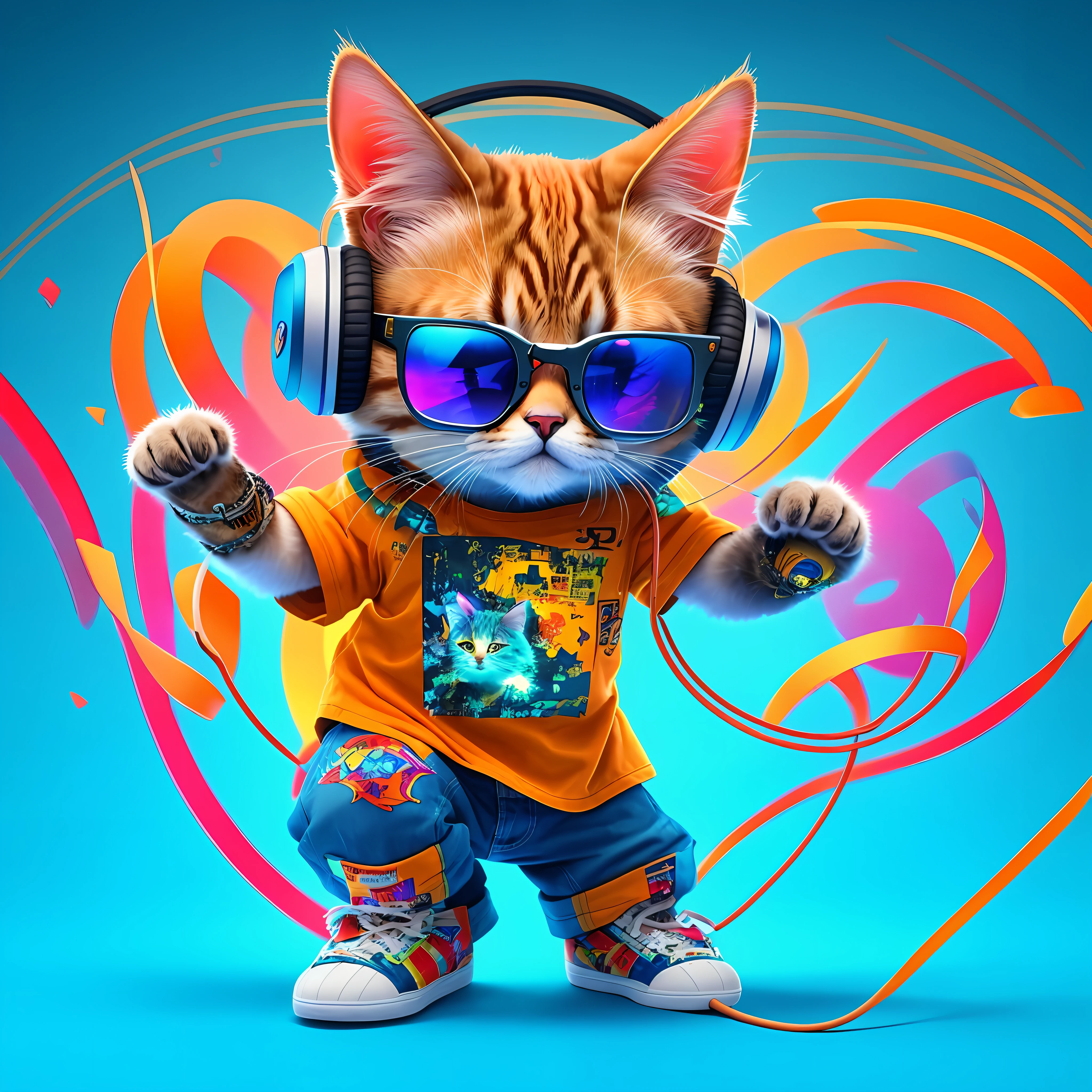 um close up de um gato usando fones de ouvido e uma camiseta, arte digital bonito, bonito 3 d render, arte digital detalhada bonito, painting digital adorable, 3d arte digital 4k, arte digital peluda, Beeple e Jeremias Ketner, papel de parede de alta qualidade, 8k arte detalhada de alta qualidade, awesome cat, liquid cat, gato cyberpunk
