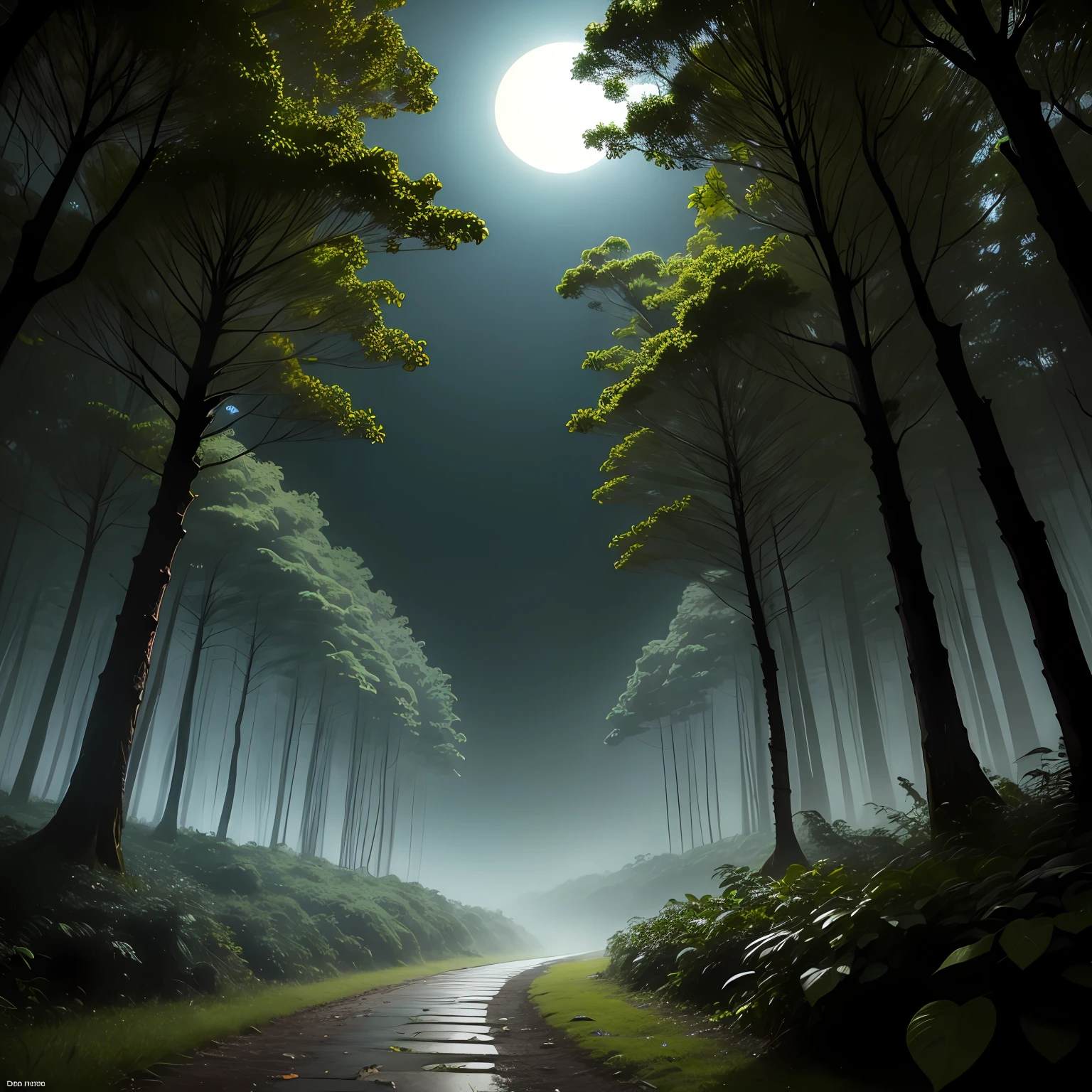 floresta densa, noite sombria, neblina densa, lua cheia, without illumination --auto
