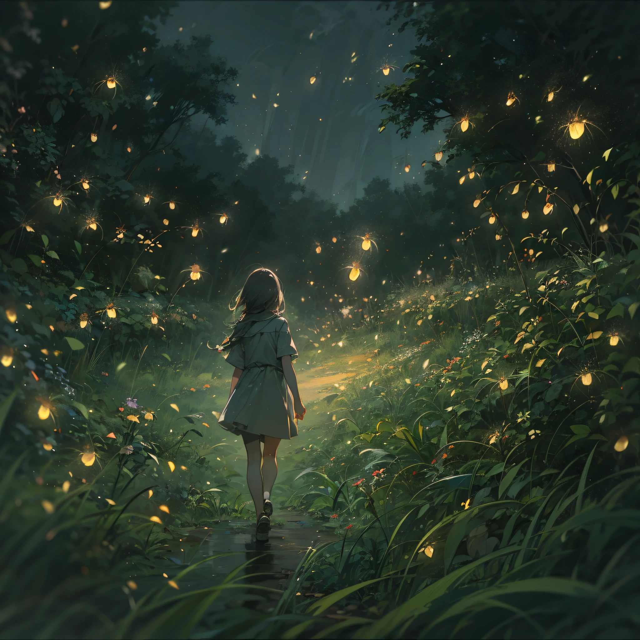 Girl strolling in landscape with fireflies