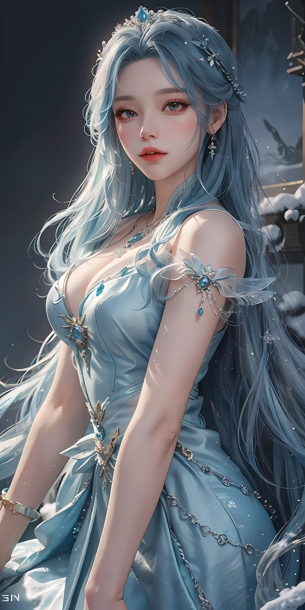 There was a woman in a blue dress,Wearing a necklace, ((a beautiful fantasy empress)), inspired by Sim Sa-jeong, Azure. detailed hairs, winter princess, Ice Princess, Guviz-style artwork, 8K)), fantasy aesthetic!, Guviz, Ice Queen, High quality detailed art in 8K