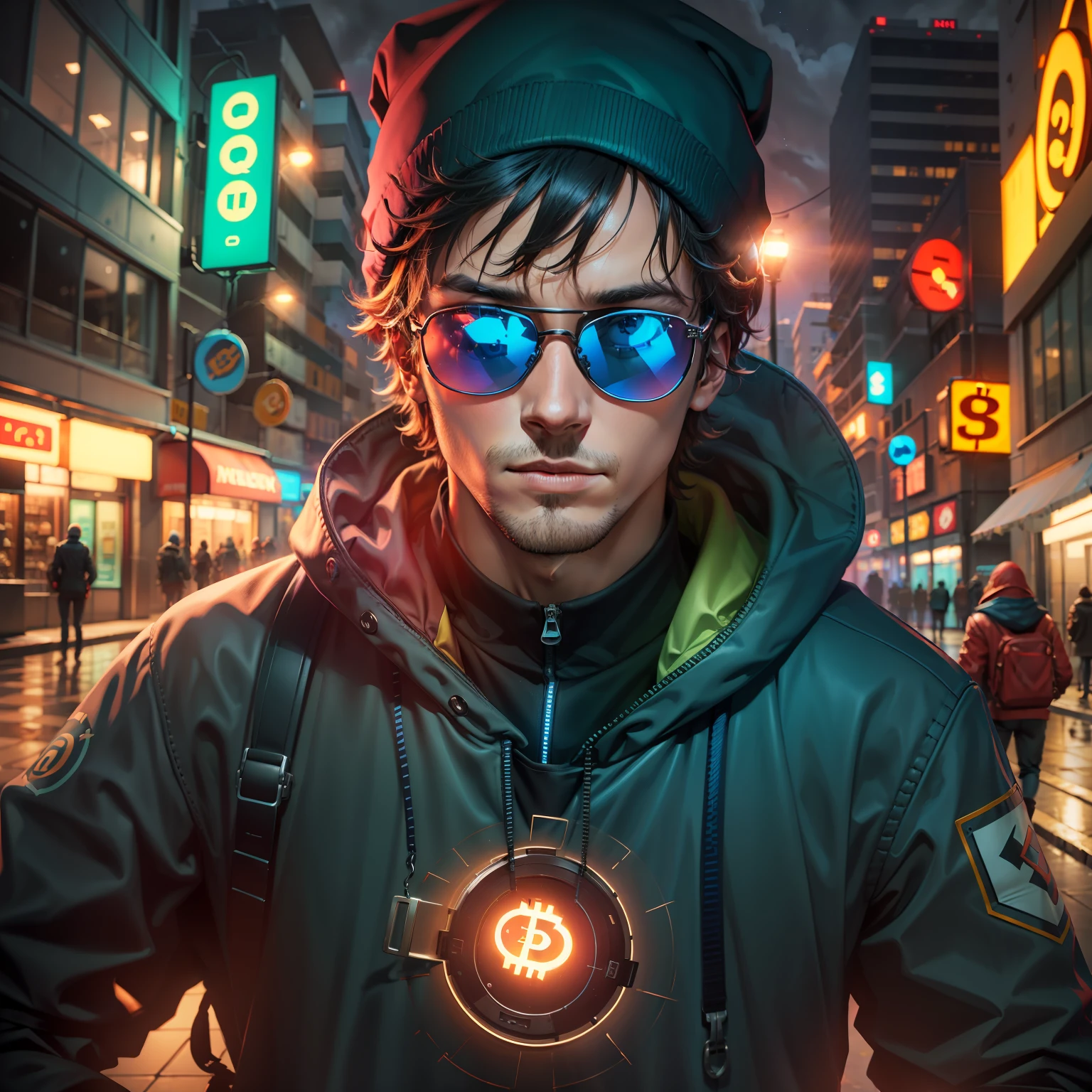 1man, hacker, capuz, sunglasses , colar de bitcoin, holding a red pill and a blue one, Movie scenery, luz neon extremidades, noite, chuva, volumeric lighting, melhor qualidade, obra-prima, realista