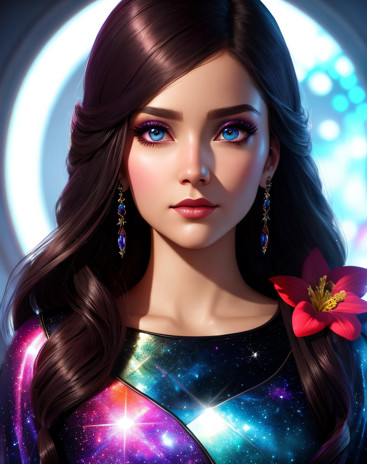 ChromaV5: 1.6, nvinkpunk, style, close-up of a beautiful queen of galaxies dressed in galactic clothes, bright vibrant colorful hair, flowers is her hair, bright face, studio photo, beautiful face, beautiful eyes, art by greg rutkowski, concept art, trend in artstation, cute circular reflective eyes, Pixar rendering, smooth cinematic unreal engine, intricate detail,  Tender Eyes, Disney character, Pixar character, Pixar animation