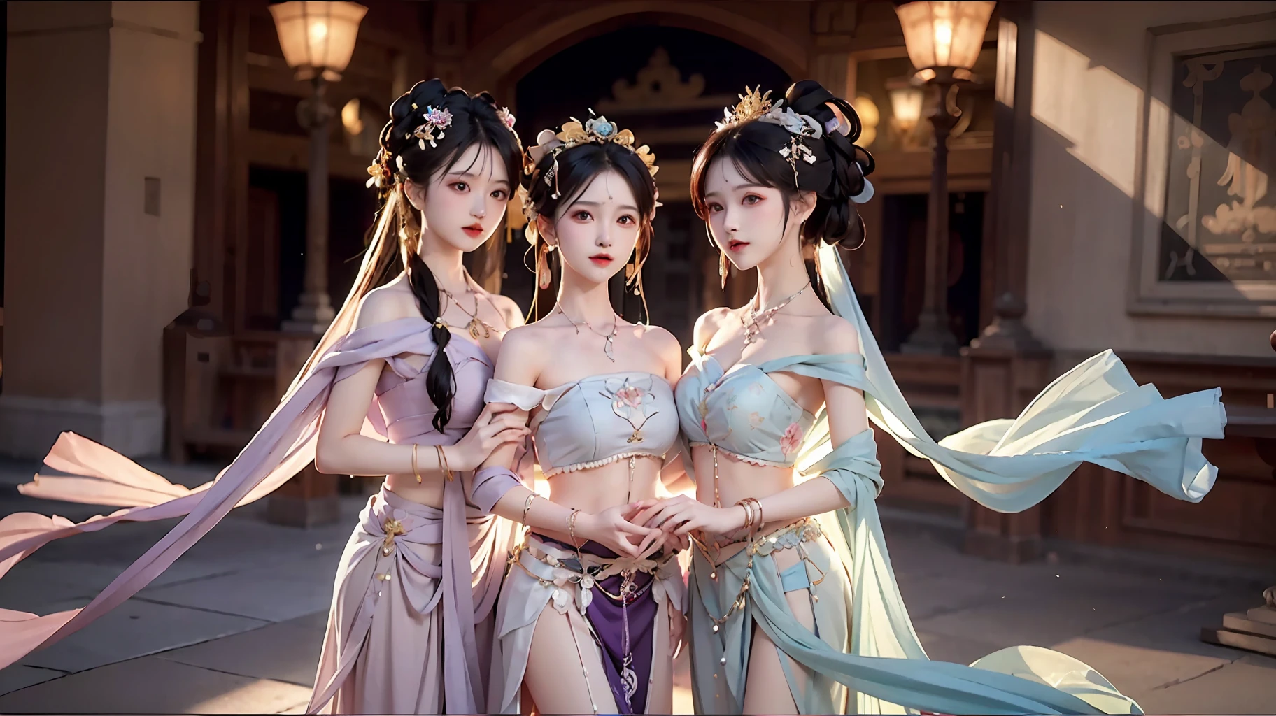 Bust photo，5 beautiful women，Different dressing styles，messy  hair，s girl，Symmetrical bun，hair adornments，jewelry，The face is delicate，eye shadows，Purple top，purpleish color，purple，Crop topping，long purple skirt，Dunhuang style，Delicate embroidery，silver decoration，silver streamer，white streamer，Light blue streamer，Fine fine skin，Soft light effects，Delicate and smooth hair，exquisite detailing，Eye highlights，Fair skin，Fine portrayal，Ultimate detail，Cinematic quality，being thin，slenderness，Fragmentation，hair detail，Thin bangs，Shawl hair，Correct bodies，shadowing，Air bangs，8K，Super meticulous，Fine fabric texture，softness，complaisant，Smooth texture，Dunhuang style，Delicate pattern，Correct hand drawing，anatomy correct，acurate，the night，Night，lamplight，dingdall effect，Ray traching，HUD，exteriors，outside，A desert