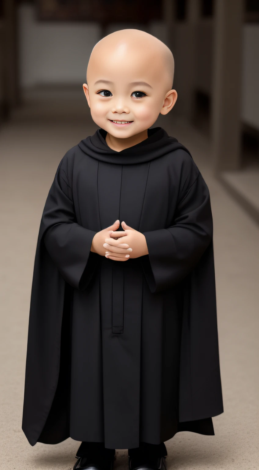 (tmasterpiece), (Need), (super-fine), (s whole body:1.2), A -year-littlonk,The round face has big eyes,His nose was slightly upturned,There is always a sweet smile on the mouth,It looks very cute。 The little monk wears a loose black cassock,It is embroidered with a golden Buddha image and scriptures The little monk is bald,It seems particularly spiritual。 He did it there,Fold your hands,With a smile,As if silently praying。The whole person looks cute,People can't help but want to hug him。ultra-wide-angle, 8K, k hd, true to life