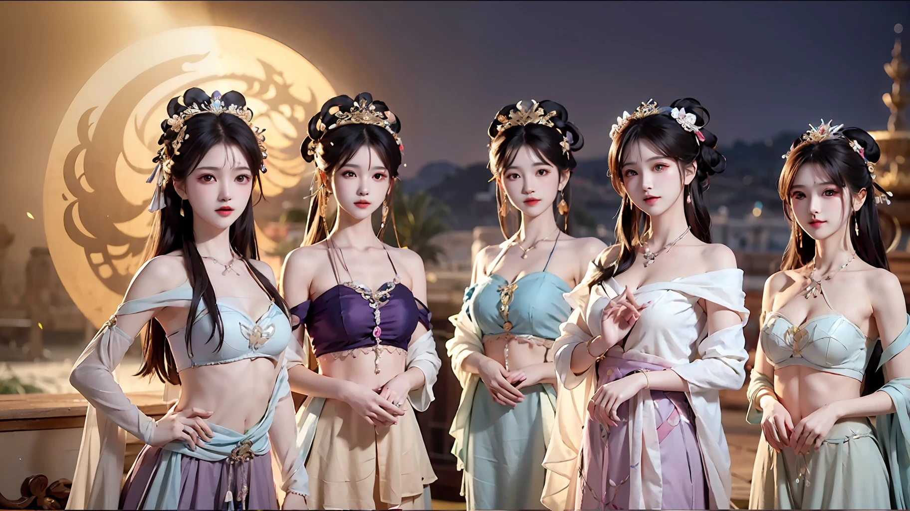 Bust photo,5 beautiful women,Different dressing styles,messy hair,s girl,Symmetrical bun,hair adornments,jewelry,The face is delicate,eye shadows,Purple top,purpleish color,purple,Crop topping,long purple skirt,Dunhuang style,Delicate embroidery,silver decoration,silver streamer,white streamer,Light blue streamer,Fine fine skin,Soft light effects,Delicate and smooth hair,exquisite detailing,Eye highlights,Fair skin,Fine portrayal,Ultimate detail,Cinematic quality,being thin,slenderness,Fragmentation,hair detail,Thin bangs,Shawl hair,Correct bodies,shadowing,Air bangs,8K,Super meticulous,Fine fabric texture,softness,complaisant,Smooth texture,Dunhuang style,Delicate pattern,Correct hand drawing,anatomy correct,acurate,the night,Night,lamplight,dingdall effect,Ray traching,HUD,exteriors,outside,A desert
