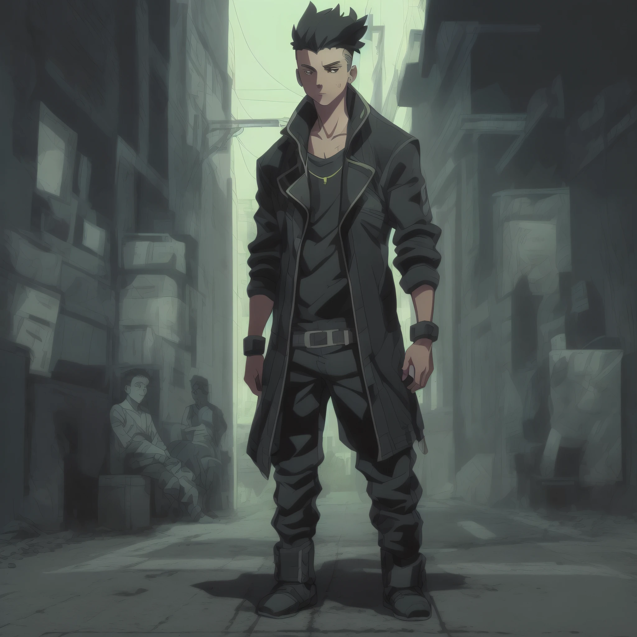 Create the art of a young male human character with a normal body and average height, vestindo camiseta, jaqueta de trincheira longo da cor preta, Estilo detetive Noir, Estilo Shadowrun,  Personagem inspirado em Shadowrun