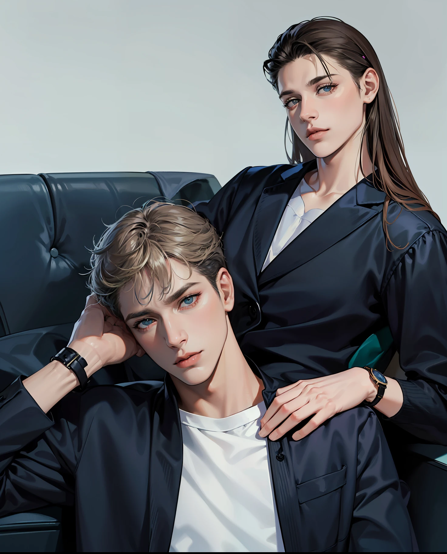 Mostra-se um homem e uma mulher, with height difference, majo, 27 anos, camisa branca, black pant, Rear head, majo, tall appearance, ponte de nariz alto, olhos grandes, 二重まぶた, alto, loiro, olhos verdes, symmetric eyes, olhando para a menina,, uma mulher vestindo um vestido bonito, longos cabelos castanhos, symmetric eyes, olhos grandes, olhos negros, there is a height difference