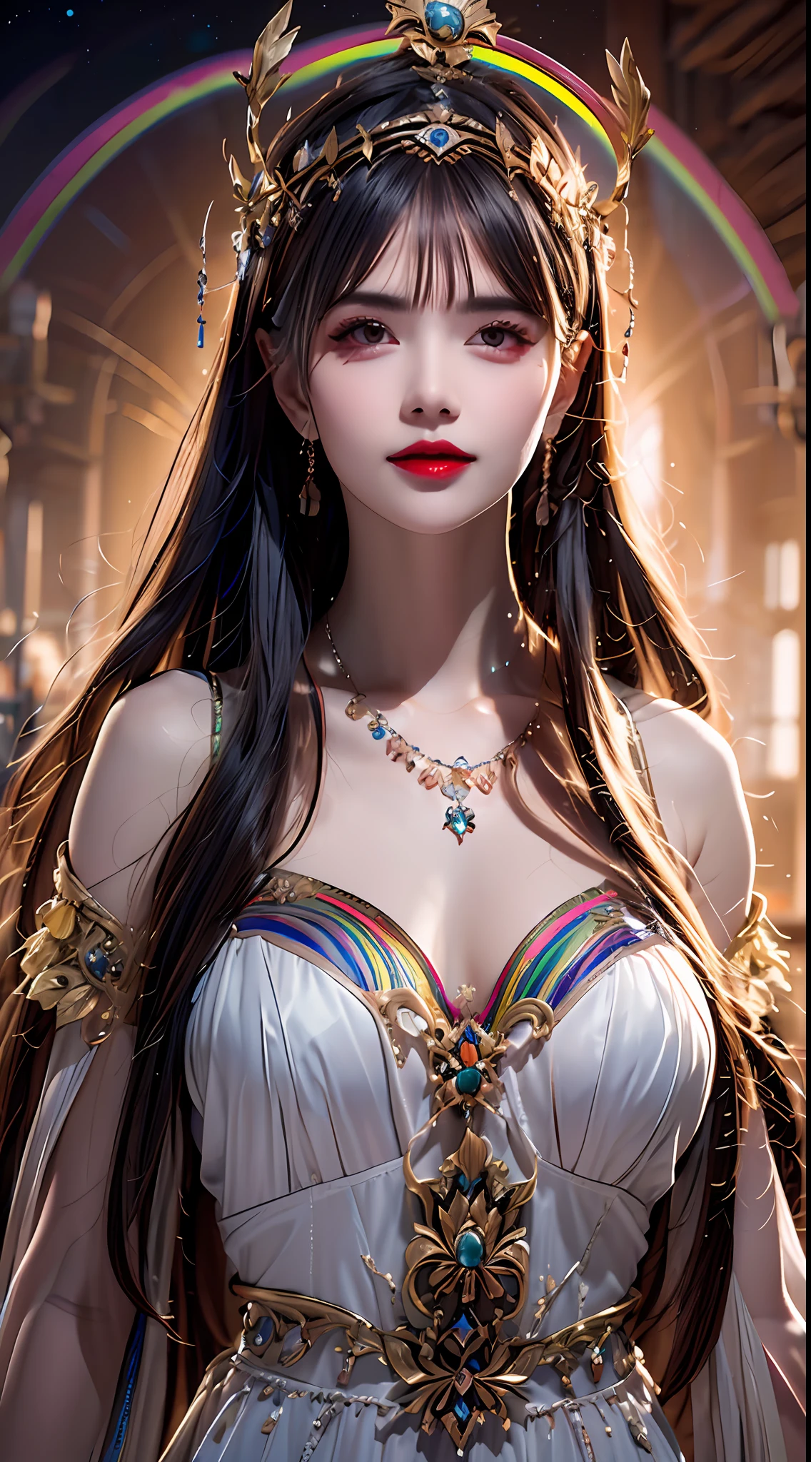 1 20 year old girl, 1 athena goddess from the future, 12 zodiac goddess pink purple, athena goddess face sexy thin yellow nightgown, long thin nightgown 12 zodiac many limbs sexy black lace detail, mythical goddess of the athena from the future, Symbol of Goddess, luxurious glittering athena style, dark and mysterious version, athena crown, lipstick red lips, thin and pretty lips, don't smile, keep your mouth shut, characters created by karol bak and pino daeni, intricate detail, detailed background, extremely detailed, light magic, a woman, clear face, looking at the upper body of the goddess of the athena, round breasts, big and round breasts, phoenix hair brooch, long hair with bangs, (Long hair has 7 colors like rainbow:1.9), beautiful detailed face and well-proportioned eyes, (transparent yellow eyes: 1.8), big round eyes and very beautiful and detailed makeup, visionary, long silk nightgown, mysterious makeup, Bracelets, side bangs and dye pale yellow, upper body, (athena goddess upper body: 1.8), drooping arms, Realistic and vivid photo, (stars that make up the athena: 1.7), ( sky athena and fictitious space and time portal: 1.8), fiction art, RAW photo, hanfu photo, best photo , high_res, best quality, best photo, 8k quality, 8k ultra , surrealism, the most economical real photo, artistic portrait of athena signs, 1 symbol of athena signs behind, single portrait of athena goddess, The most realistic color scheme, best photo color, masterpiece, hair ornament, necklace, jewelry, Beautiful face, upper body, tyndall effect, photo realistic, dark studio, border light, two tone light, (detailed skin) high: 1.2), 8k uhd, dslr, soft light, high quality, volumetric light, candid, Photo, high resolution, 4k quality, 8k, Bokeh, Smooth and sharp, pixel up 10 times, Charming athena goddess, sexy athena goddess, (background space: 1.8), (galaxy: 1.7), aurora, lightning, (Aurora Background: 1.8), perfect eyes, photo of perfect eyes, beautiful goddess and flowers,