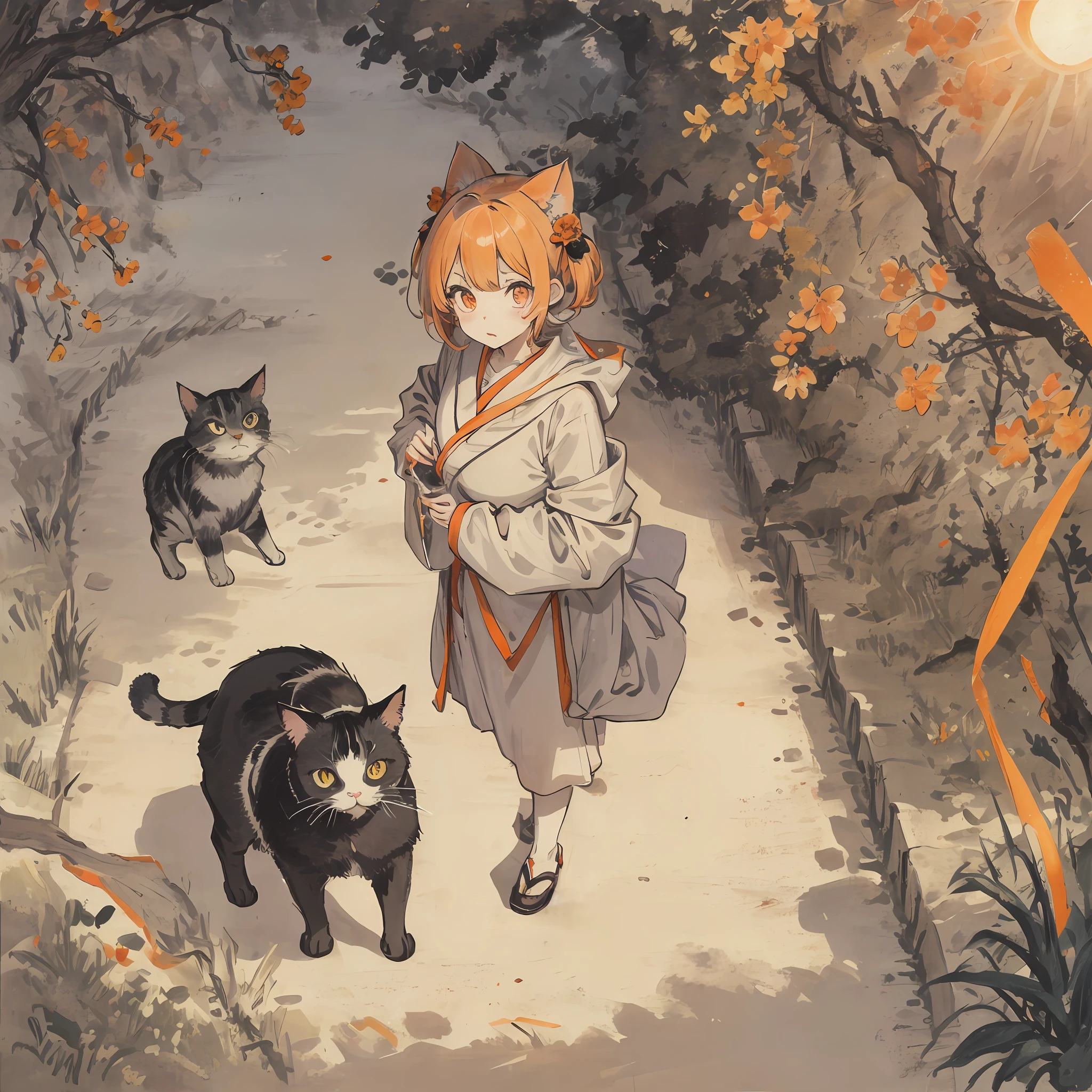 Cat,orange,Cute,Big eyes,masutepiece,the morning sun,a street