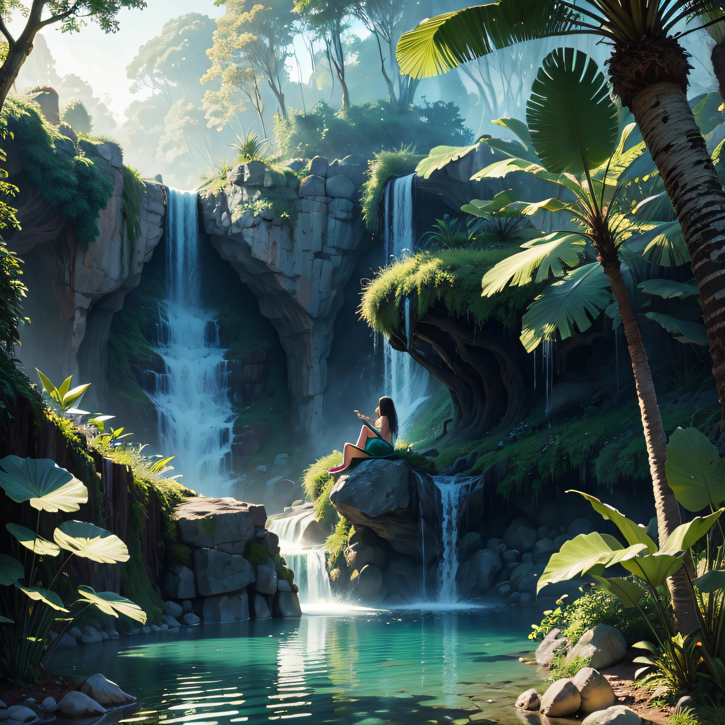 tropical forest, lake with a mermaid sitting on a rock in the background with a waterfall, ultra realista, global ilumination --auto