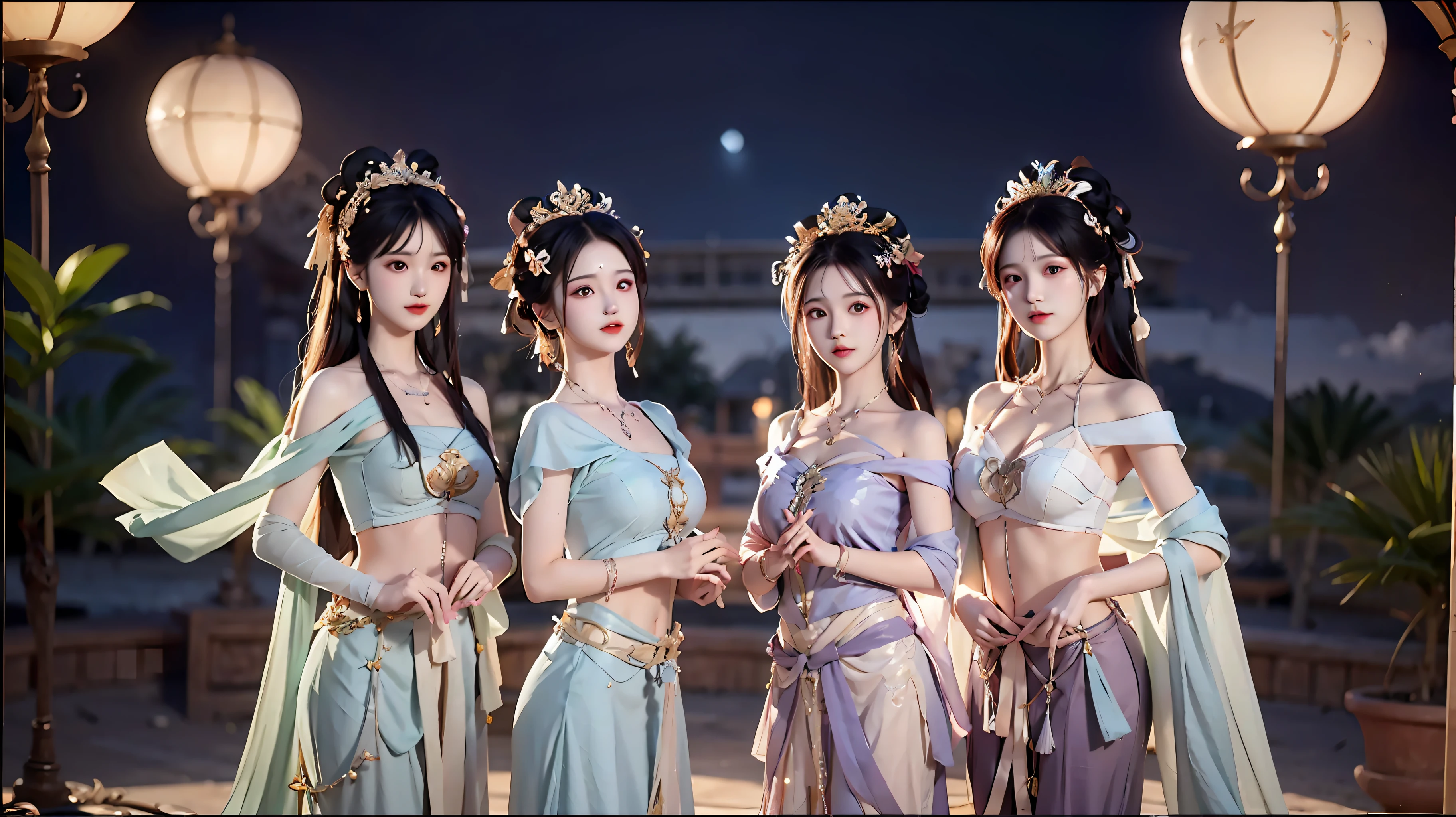 Bust photo,5 beautiful women,Different dressing styles,messy hair,teens girl,Symmetrical bun,hair adornments,jewelry,The face is delicate,eye shadows,Purple top,purpleish color,purple,Crop topping,long purple skirt,Dunhuang style,Delicate embroidery,silver decoration,silver streamer,white streamer,Light blue streamer,Fine fine skin,Soft light effects,Delicate and smooth hair,exquisite detailing,Eye highlights,Fair skin,Fine portrayal,Ultimate detail,Cinematic quality,being thin,slenderness,Fragmentation,hair detail,Thin bangs,Shawl hair,Correct bodies,shadowing,Air bangs,8K,Super meticulous,Fine fabric texture,softness,complaisant,Smooth texture,Dunhuang style,Delicate pattern,Correct hand drawing,anatomy correct,acurate,the night,Night,lamplight,dingdall effect,Ray traching,HUD,exteriors,outside,A desert