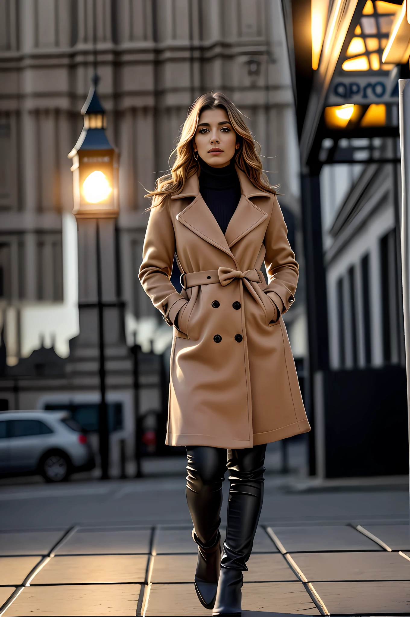 (obra-prima, qualidade superior, melhor qualidade, Detalhe extremo, detalhe supremo, Arte Oficial, Beauty and Aesthetics: 1.2), retrato de 1 mulher, longos cabelos tingidos de loiro, tattoo on left hand, in a brown overcoat with black button detail, black turtleneck sweater under coat, casaco fechado, casaco amarrado , black leather pants and black leather boot, andando pelas ruas de Londres, Big Ben Foundation, melhor qualidade, obra-prima, fotorrealista: 1.2, Ultra alto nada, 8K foto crua, elegante, Glamour, textura detalhada, symmetrical face, realce facial, luz natural do dia