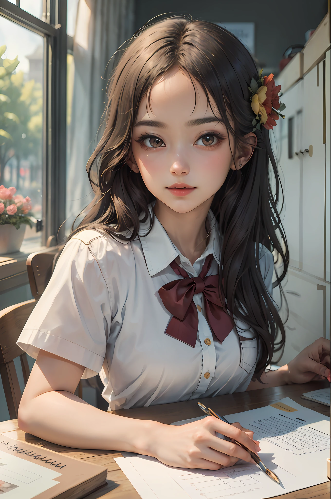 "(((Masterpiece))), best quality, illustration, beautifully detailed glow, paper cut, flower, hair flower, 1 girl, solo, Perfect Nwsj Majic, school uniform, long hair, beautiful face."