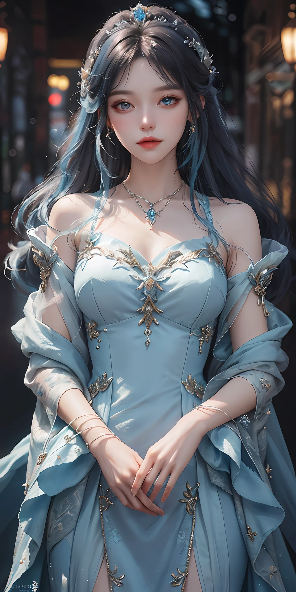 There was a woman in a blue dress，Wearing a necklace, ((a beautiful fantasy empress)), inspired by Sim Sa-jeong, Azure. detailed hairs, winter princess, Ice Princess, Guviz-style artwork, 8K)), fantasy aesthetic!, Guviz, Ice Queen, High quality detailed art in 8K