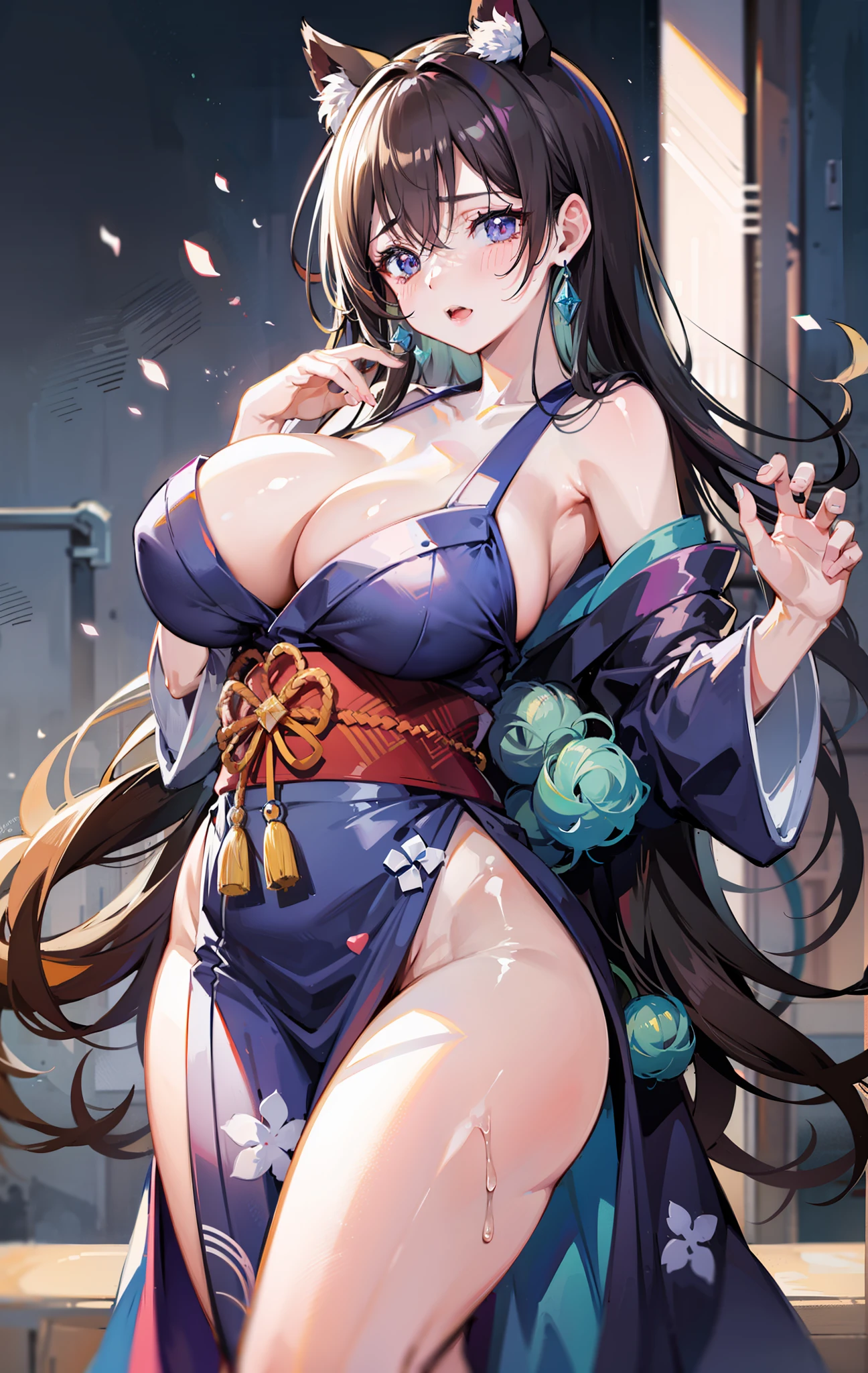 tmasterpiece，beautiful and seductive anime woman, Lori huge breasts cleavage, Beautiful anime girls，Beautiful anime girl, Anime goddess, Beautiful anime woman, Translucent skin，Medium-long hair and messy hair blend beautifully，The skin is fair and juicy，Wear a delicate transparent yukata，Charming and lustful leg seduction，perspire，Get wet，Be red in the face，huge tit，